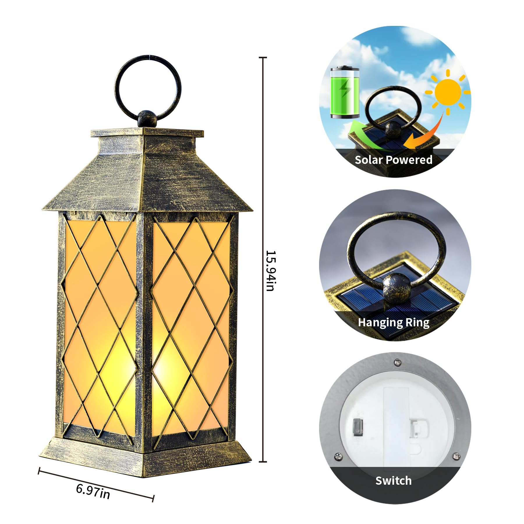 anyperfect 18in Solar Lantern, Waterproof Hanging Metal Decorative Light, Patina, Model X3-DL0104