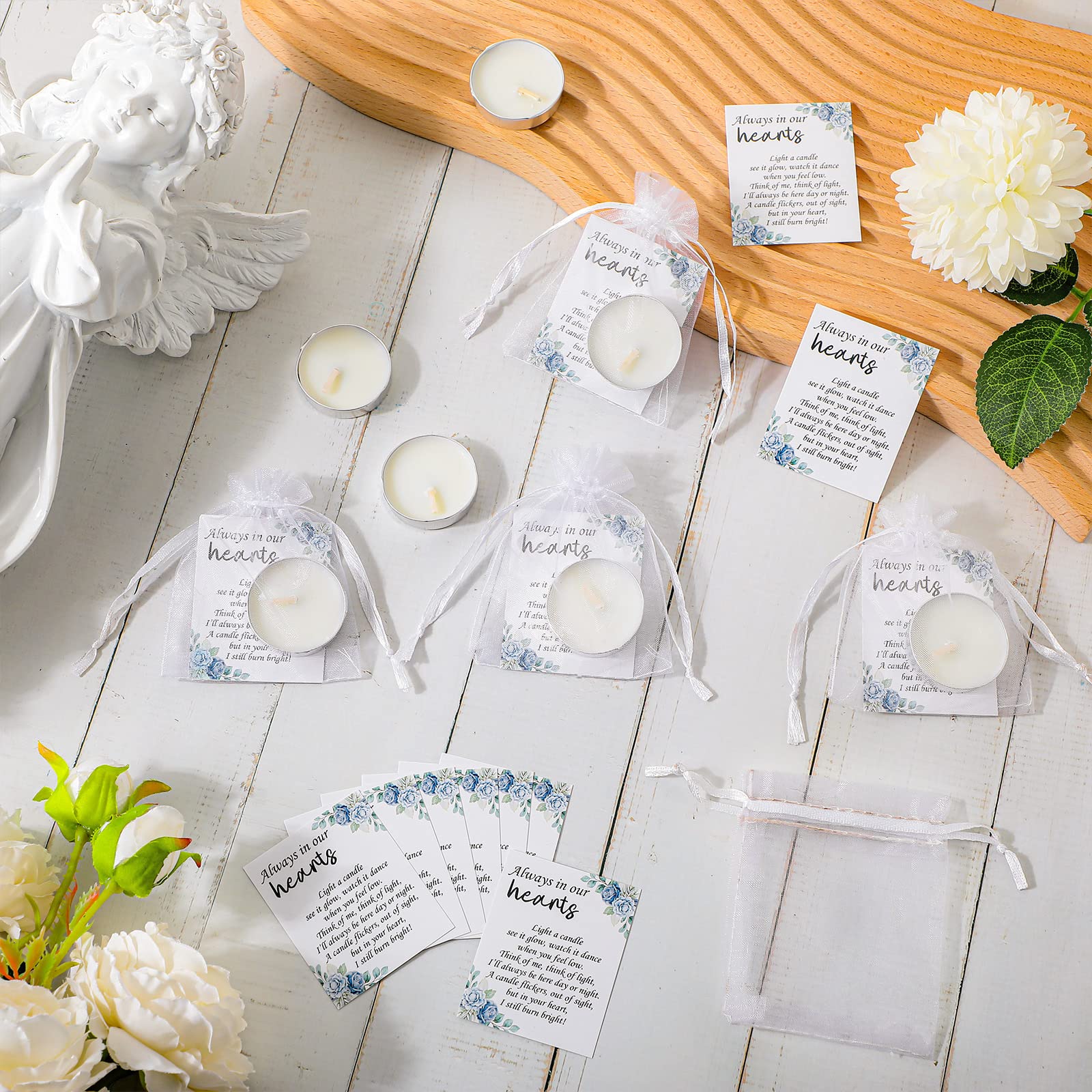 Coume 50 Set Unscented Tealight Candles - White Funeral Party Favors with Condolence Cards & Organza Bags for Life Celebrations