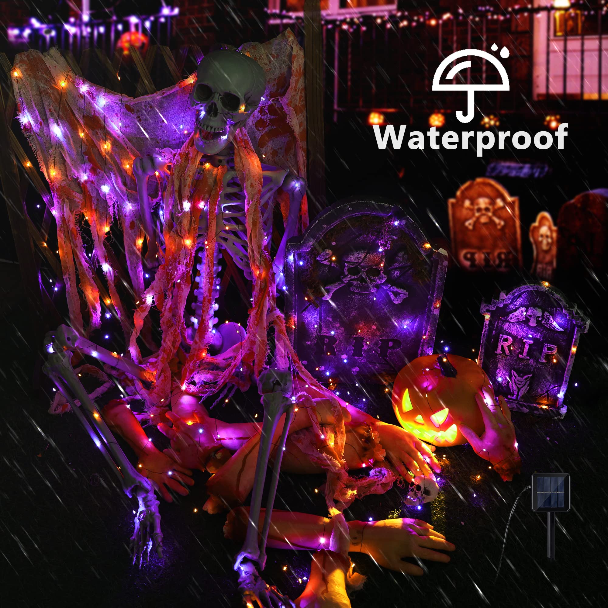 Brizled Halloween String Lights, 240 LED, 78ft, 2 Pack, Orange & Purple, Solar, 8 Modes, Outdoor Twinkle, Black Wire