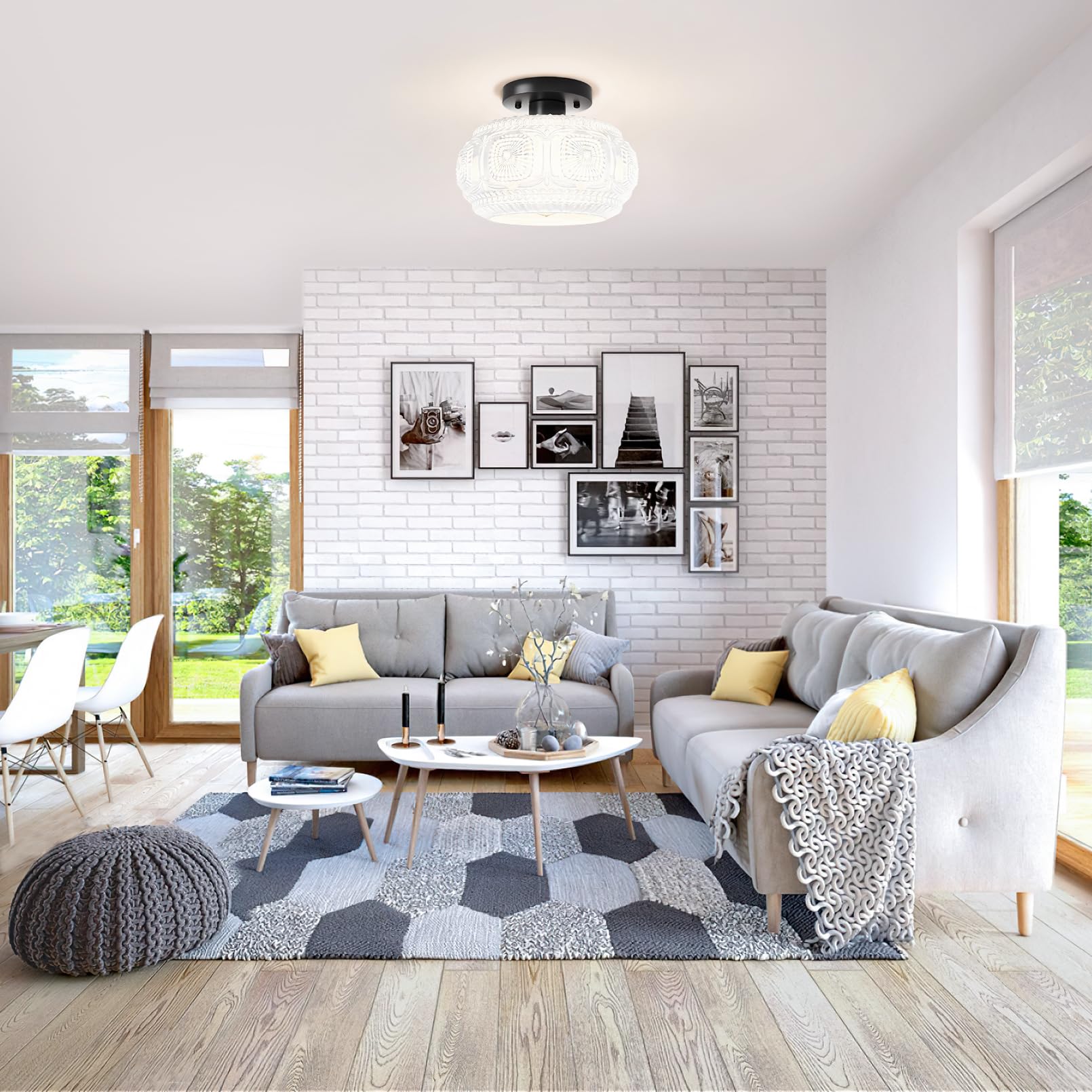 Oykyohei Semi Flush Mount Ceiling Light, Milk Glass Shade Modern Ceiling Light Fixture, Vintage Black Lighting For Hallway Bedro