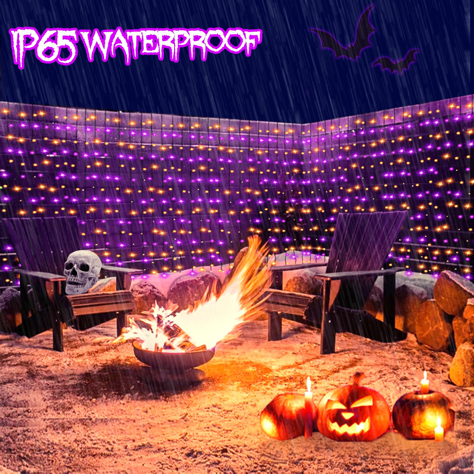 Dbfairy Purple Orange Solar Halloween Curtain Lights 300 Led 19.6Ft X 3.3Ft Waterproof 8 Modes For Outdoor Decoration