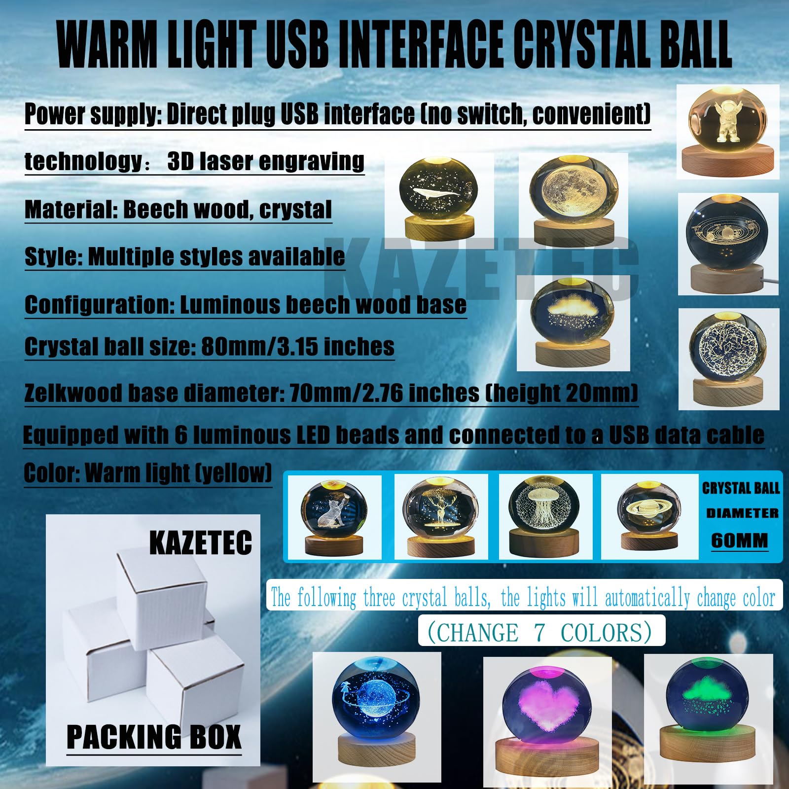 Kazetec Crystal Ball3.15 Inches(80Mm) Moon Crystal Ball Lamp 3D Large Crystal Ball  Magical Decoration Warm Light With Woodern Base Nightlight Decolamp As A Birthday Gift For Teens
