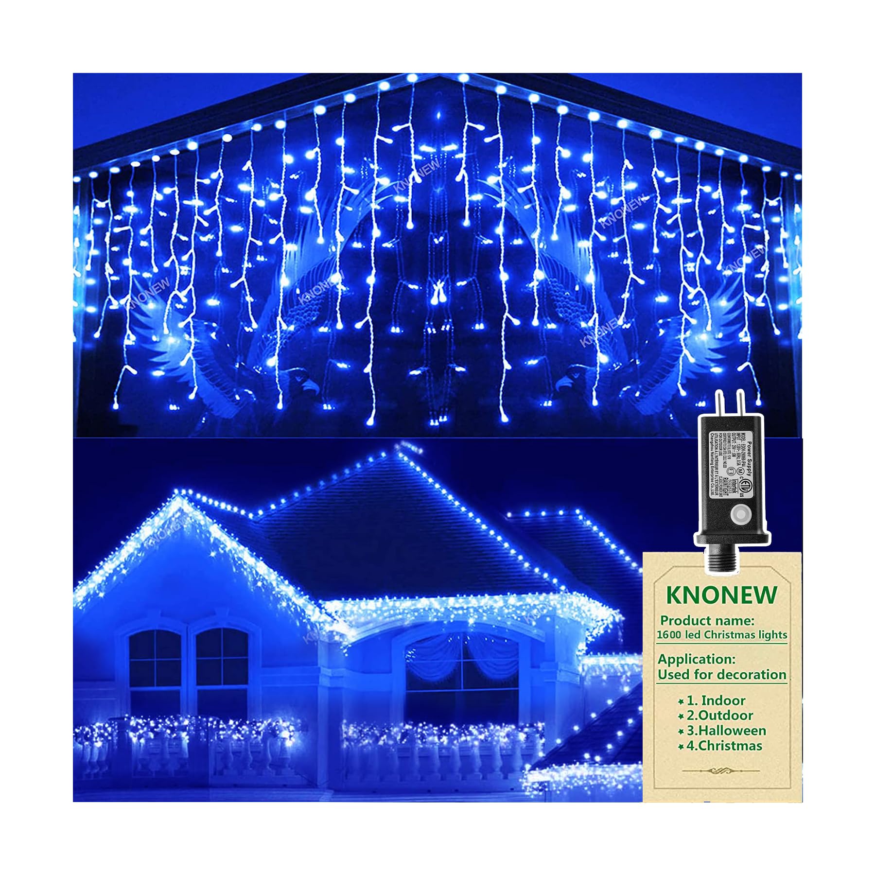 KNONEW LED Christmas Lights 164FT 1600 LED Blue Waterproof Fairy String Lights with Timer, 8 Modes for Indoor/Outdoor Decor