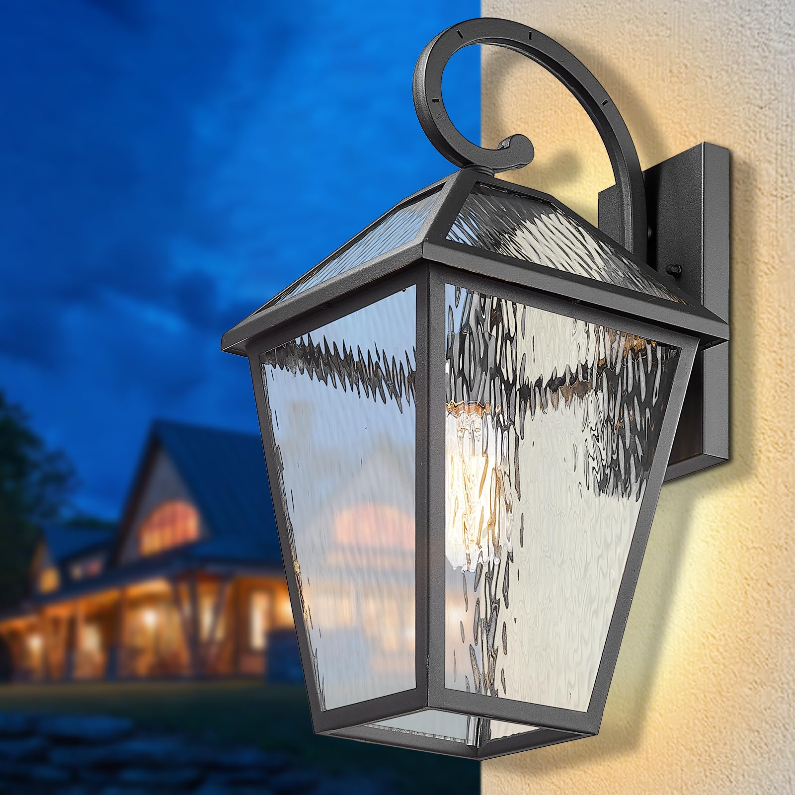 Luminzone Outdoor Wall Lantern, Waterproof, Large, Matte Black, Model 7H1B-M WH, Water Ripple Glass, 1 Pack