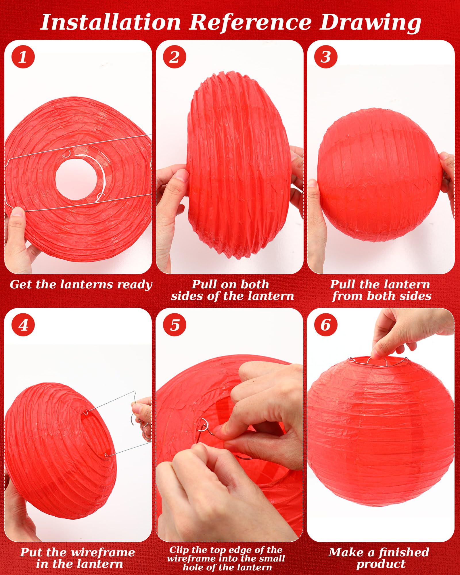 Treela 48 Pcs Paper Lanterns, Red Chinese Round Hanging Lamps, Decorative for Birthday Parties, 4/6/8/10 Inch, Paper Material