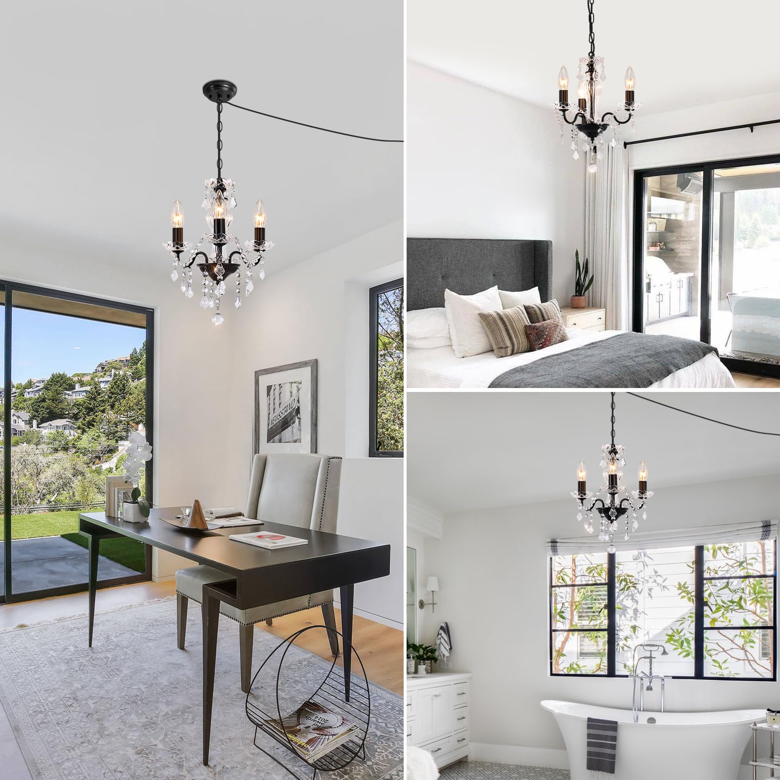 Chanlited Plug In Modern 3-Light Black Chandelier With Glass Crystals, Candle Style Pendant Light Fixtures For Living Room, Girl