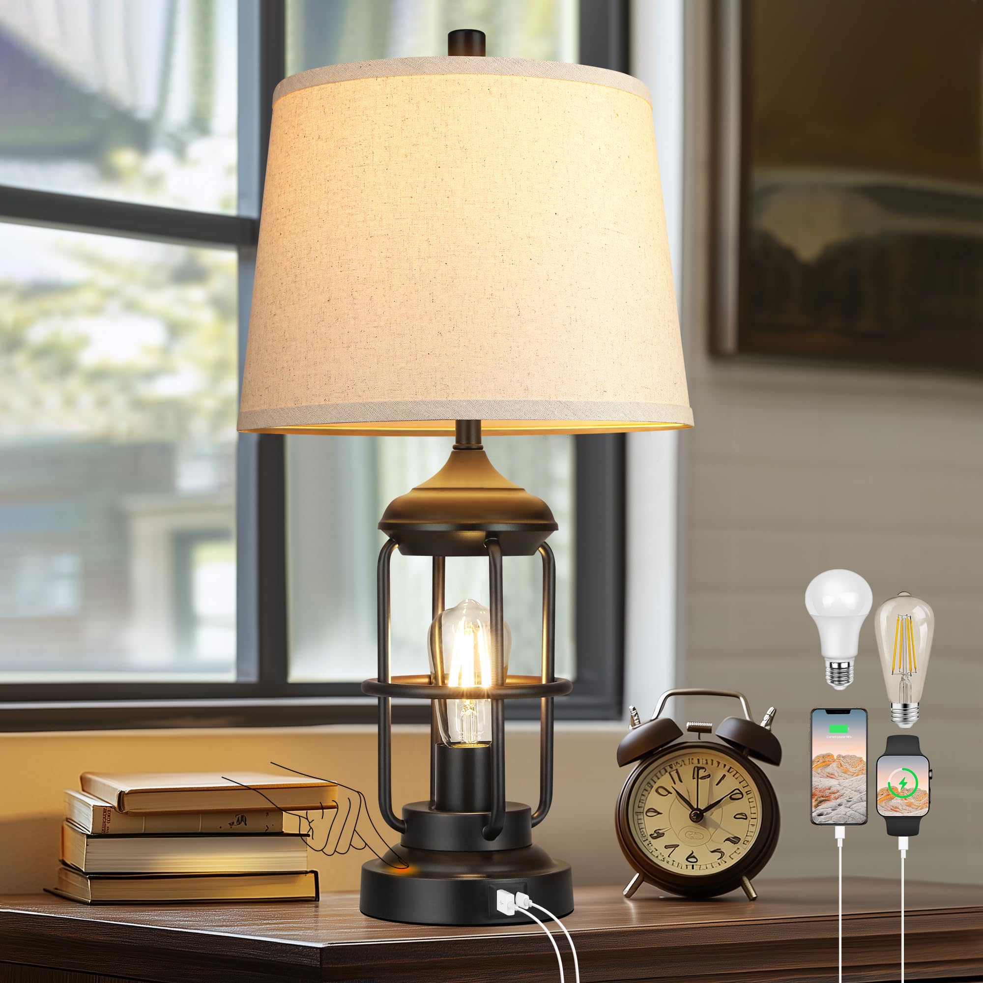 Qimh Table Lamp For Bedroom With Usb A+C Ports, Farmhouse Bedside Lamp With Night Light, 3-Way Dimmable Touch Control, Rustic In