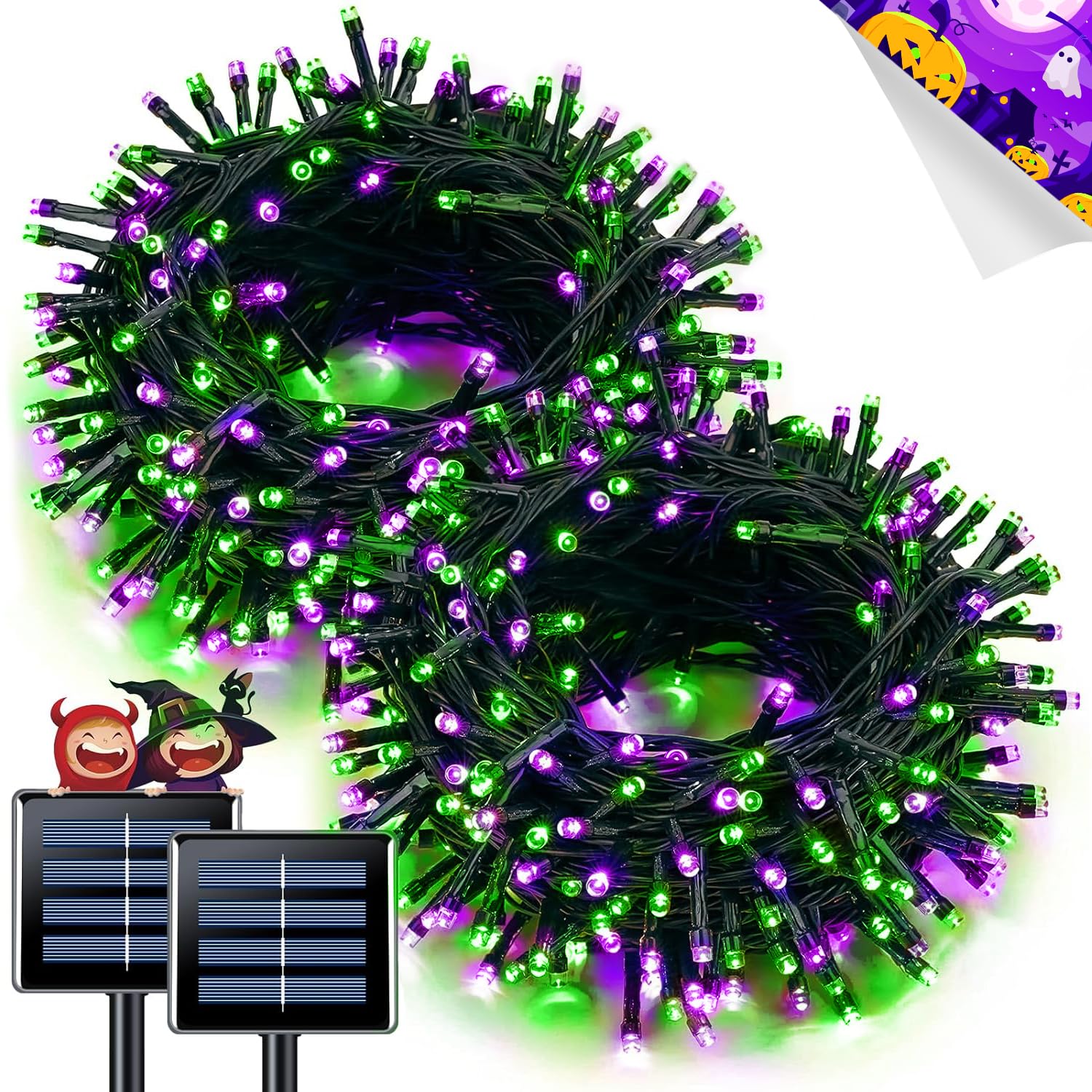 JMEXSUSS Solar Halloween Lights, 66 FT 200 LED, Purple and Green, Waterproof Outdoor Decor, Model JM-S-100, 2 Pack