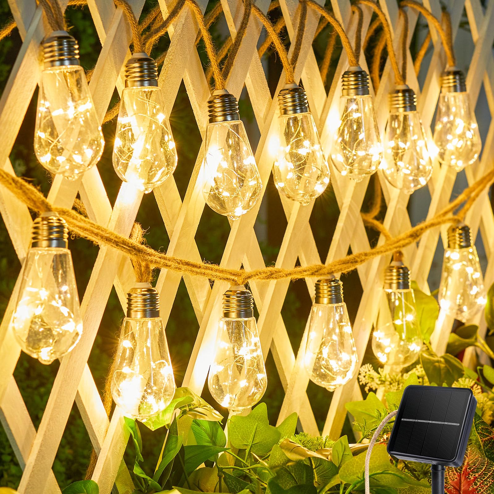 Brightown 30Ft Solar String Lights Outdoor With 15 Shatterproof Bulbs, 8 Light Modes Vintage Hemp Rope Led Patio Lights, Waterpr