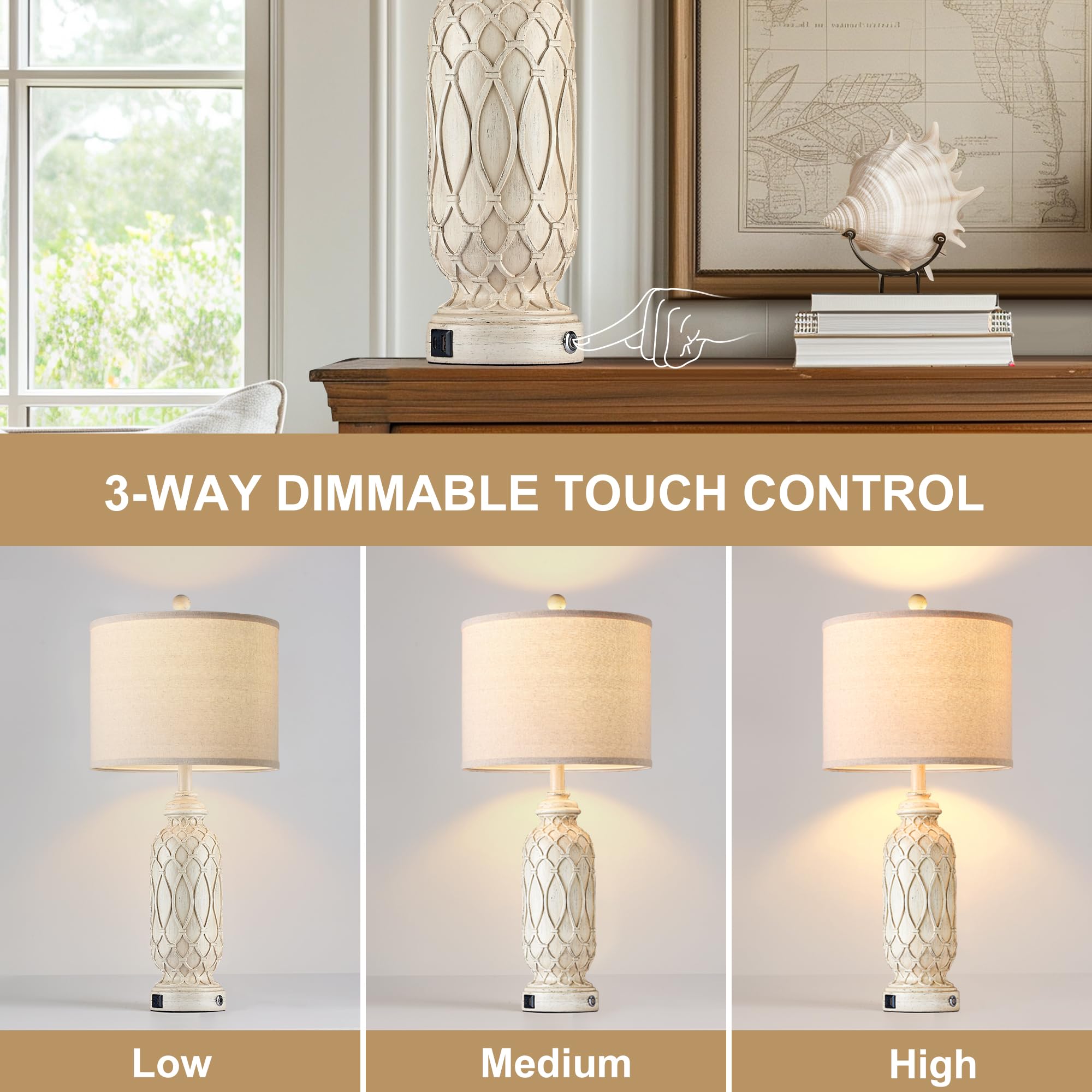 SRJJRS Rustic Table Lamp Set of 2 with Dual USB Ports, 28" Tall, Linen Shade, Off White, Model SE_B2229-1T