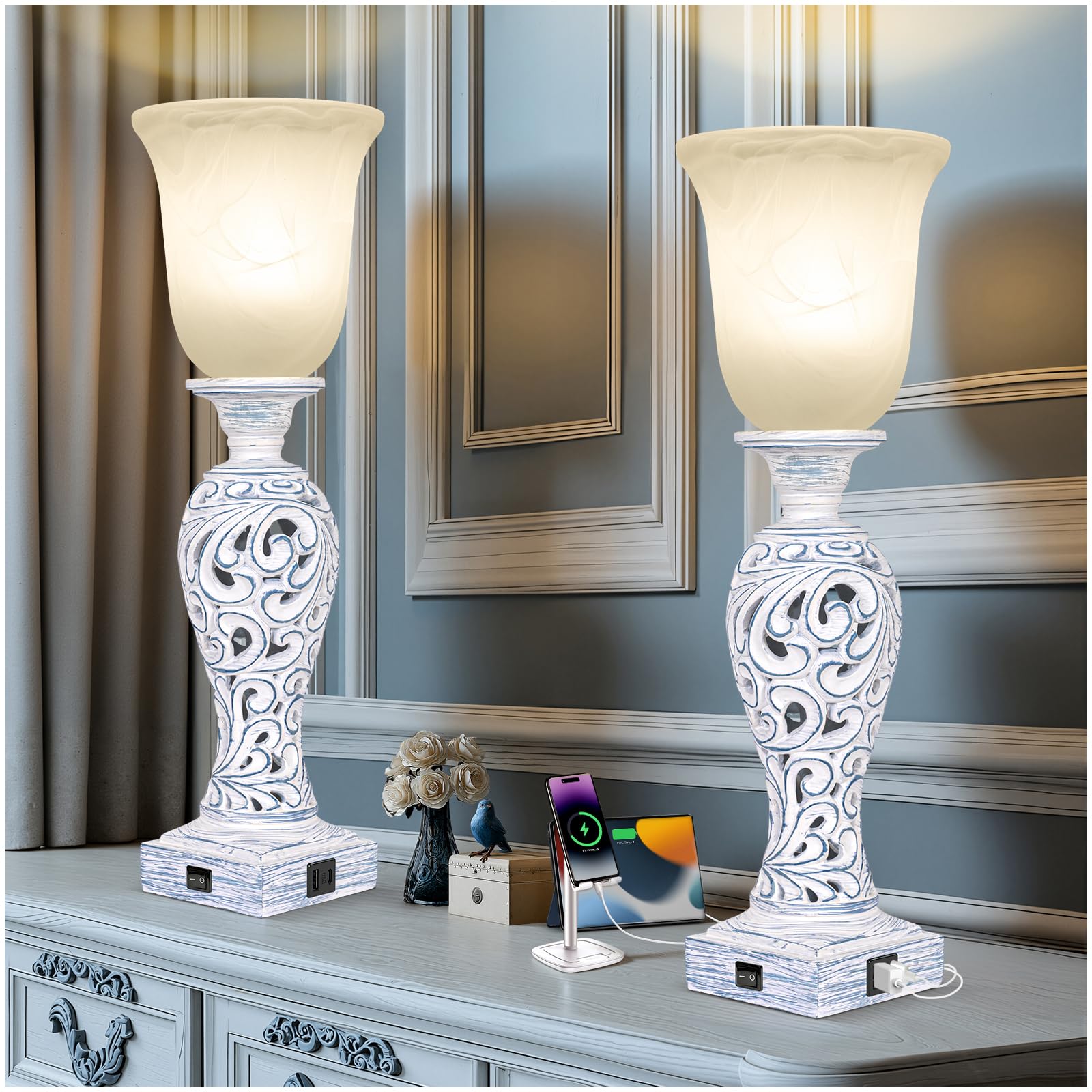 20 Vintage Table Lamp Set of 2 for Living Room, Rustic Farmhouse Bedside Lamps for Bedroom, 3-Way Dimmable Desk Lamps with Night