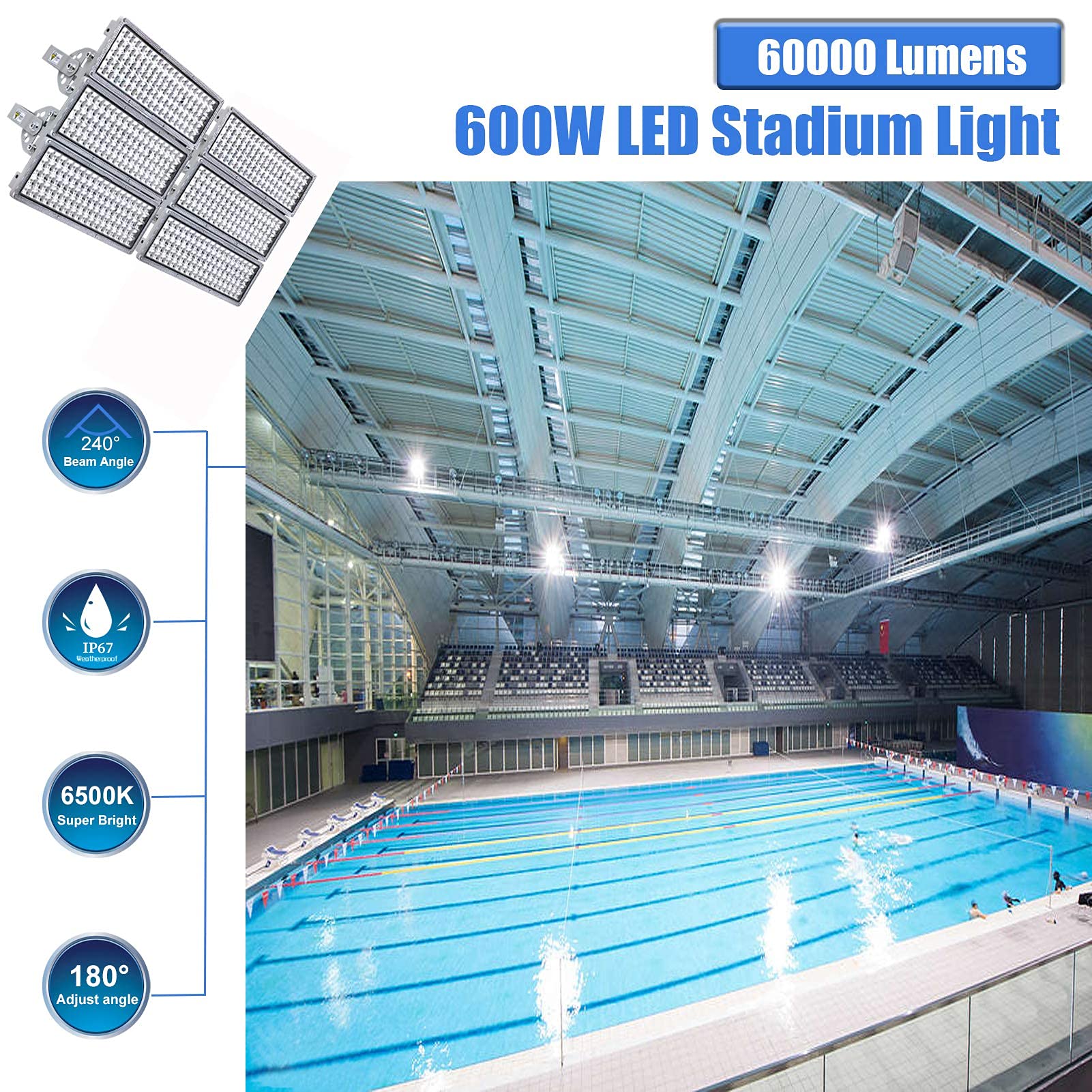 Kekeou 600W LED Flood Lights - 66000LM, 6500K, IP67 Waterproof, Adjustable Angle, 2 Pack