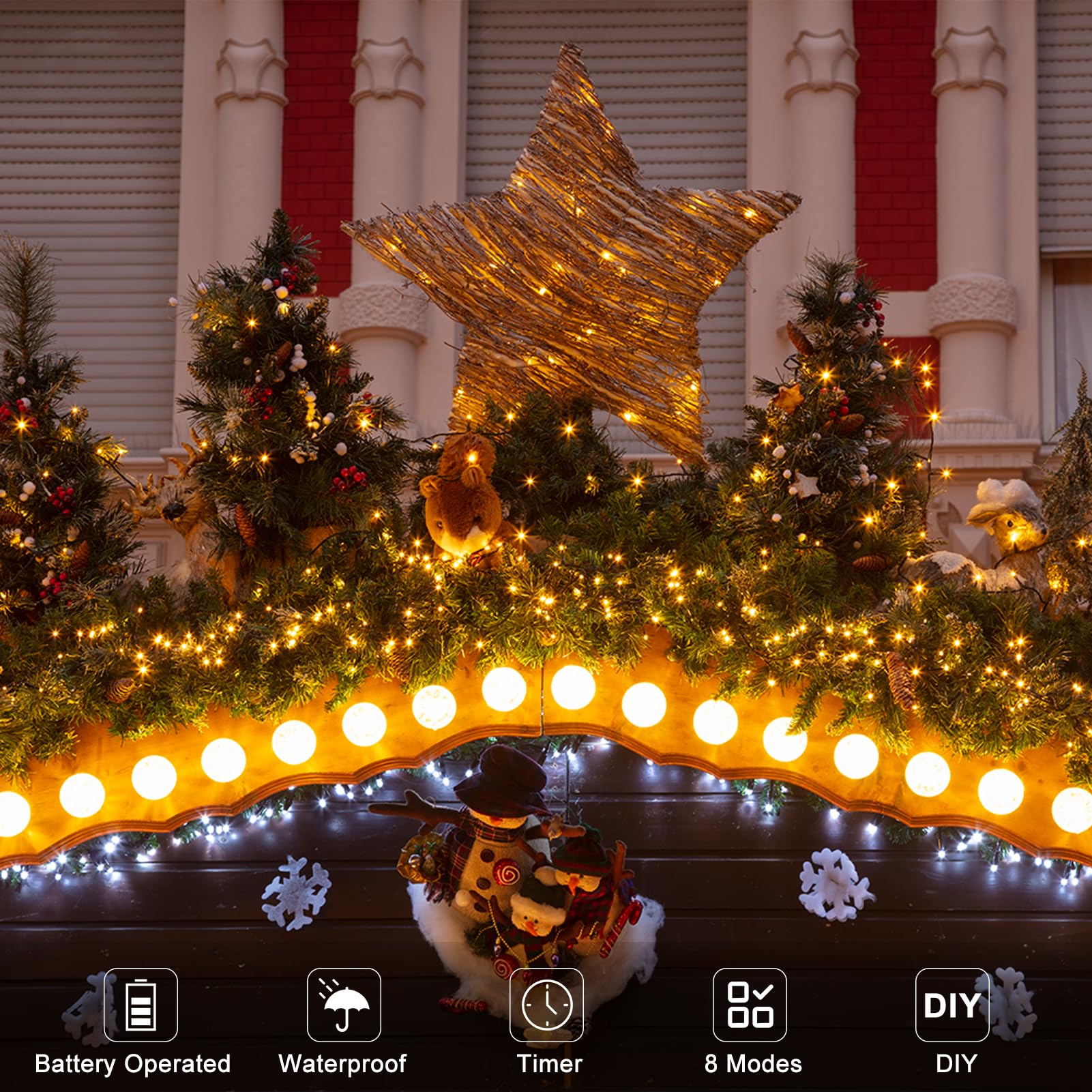 DBFAIRY 2 Pack 16.4ft Outdoor Christmas Tree String Lights, 50 Warm White LEDs, Battery Operated, Green Cable, 8 Modes, Model DB100
