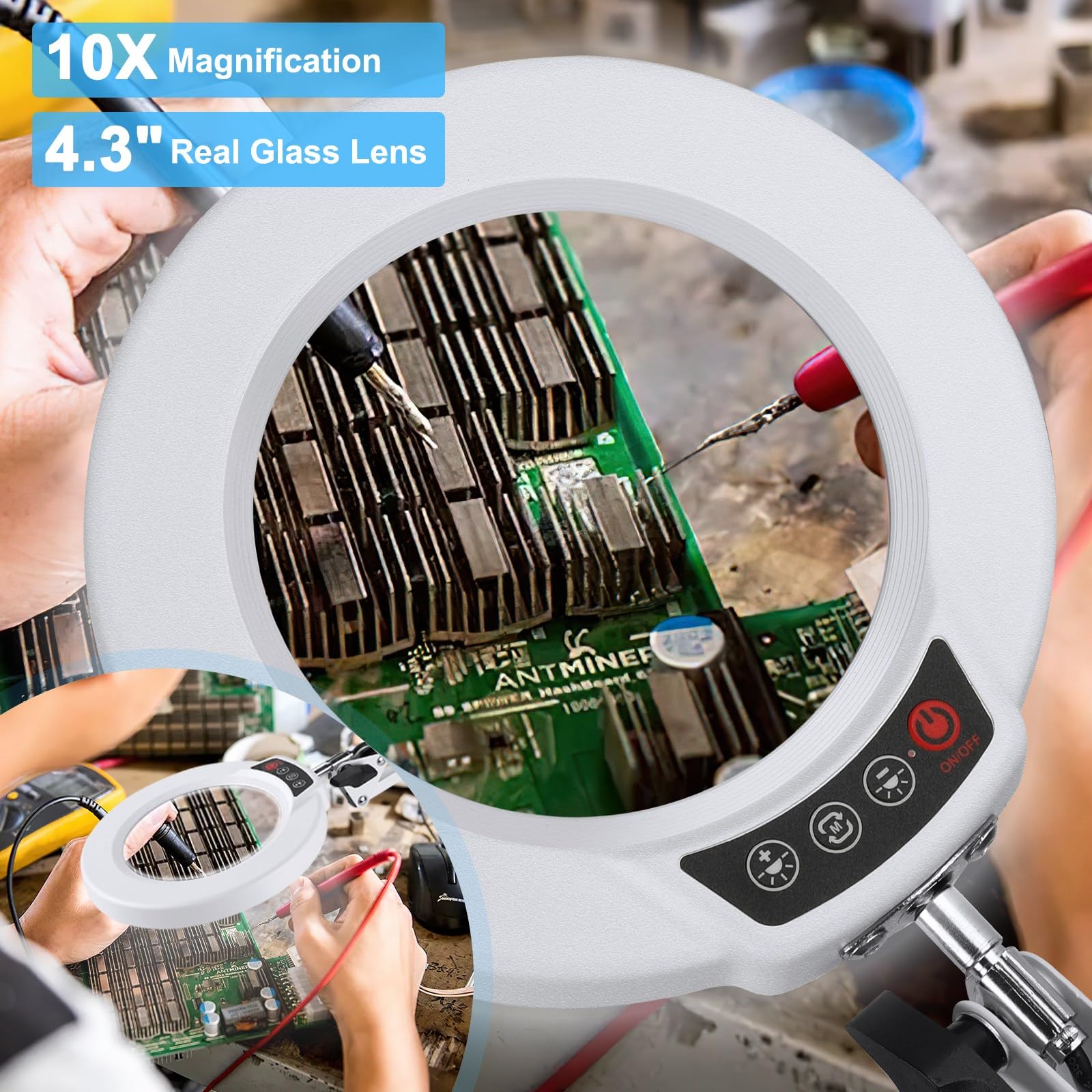 10X Magnifying Glass With Light And Stand, 5 Color Modes Stepless Dimmable 2-In-1 Lighted Magnifier With Clamp, Led Desk Lamp Ha