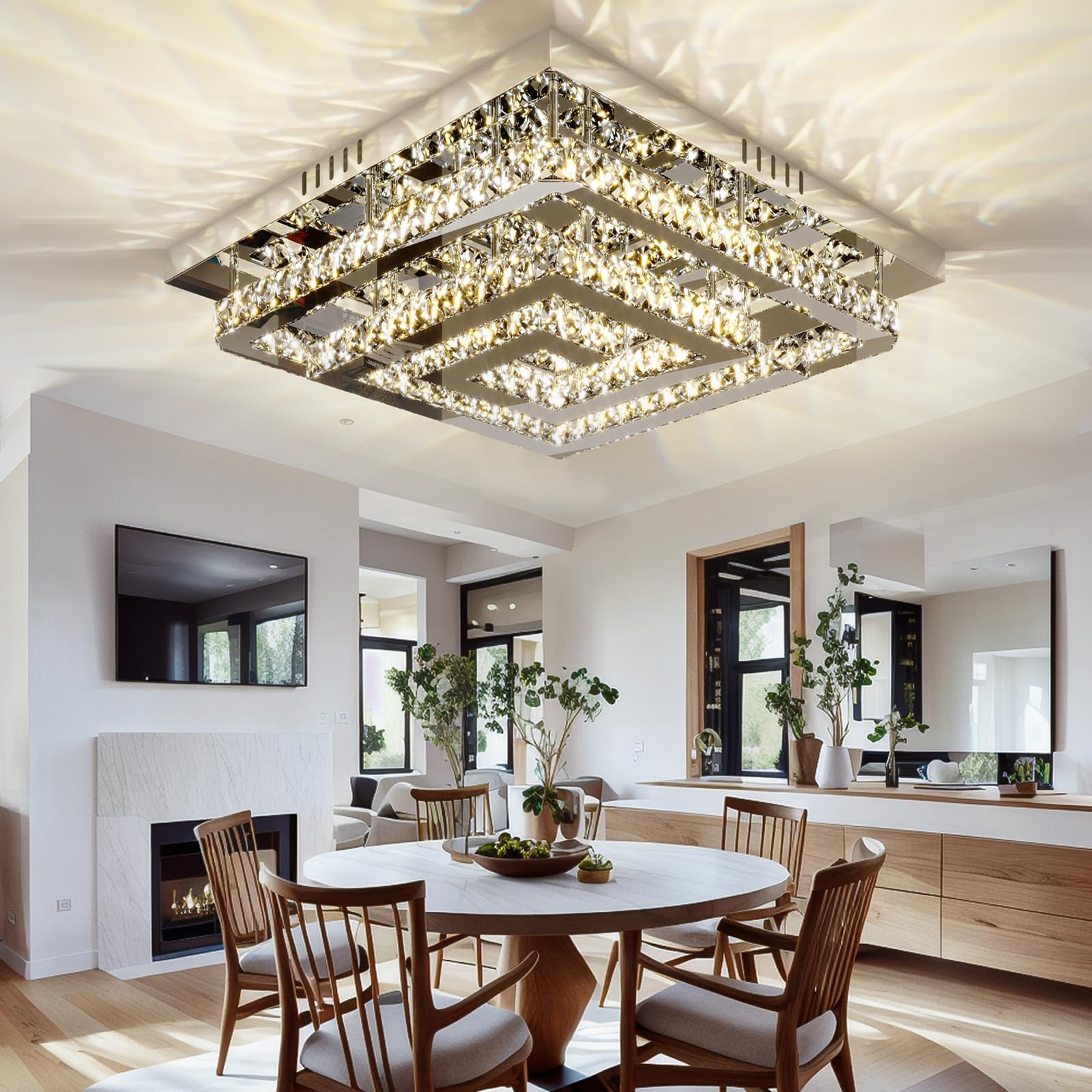24'' Large Crystal Chandelier With Remote Control, 3 Color Temperature Light Fixture & Brightness Adjustable, Modern Flush Mount
