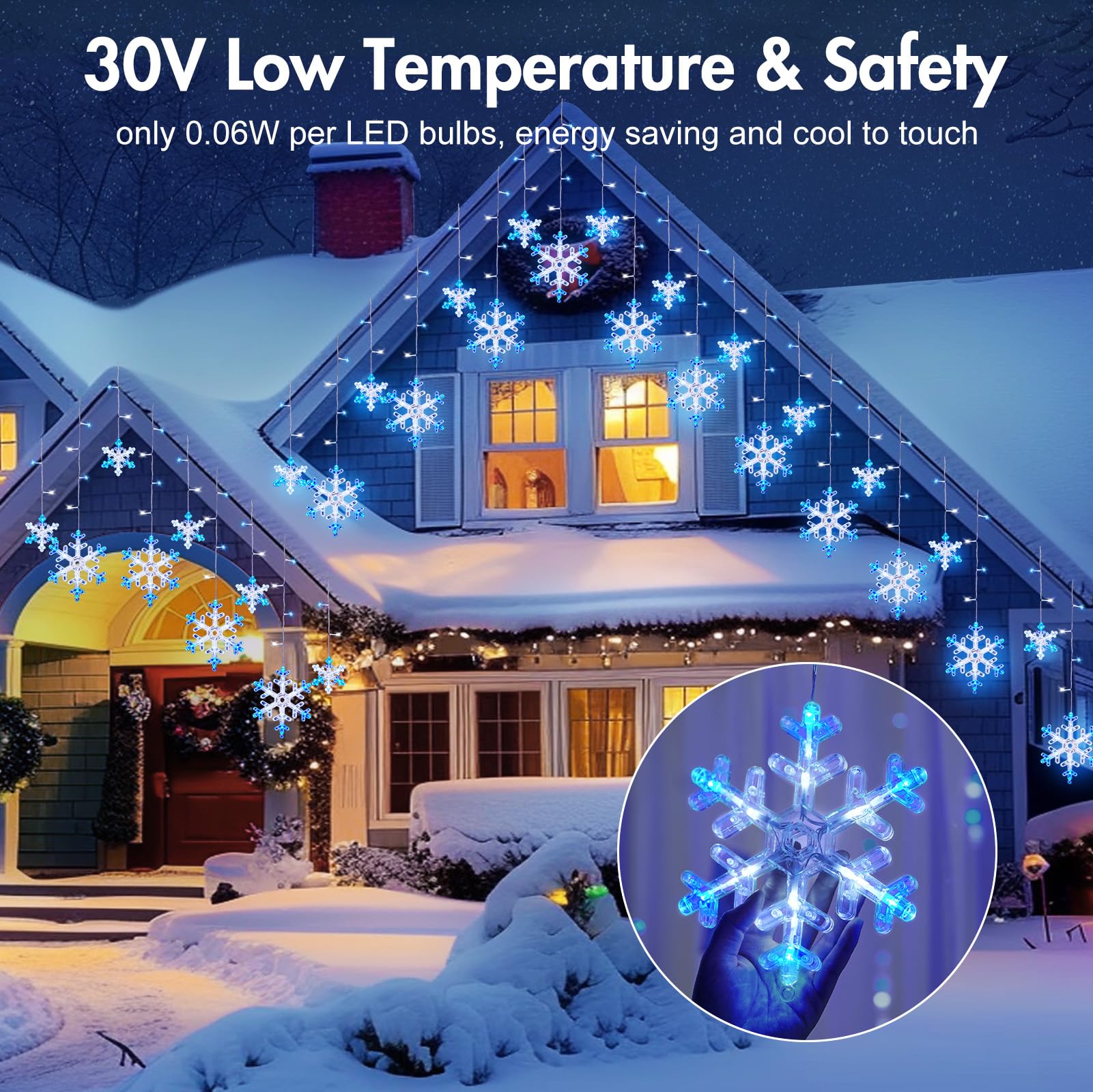 Minetom Christmas Snowflake Lights - 13ft 192LED, 12 Modes, Timer, IP65 Waterproof, Blue and White, Model GP-SW290DC0209-IP44(US