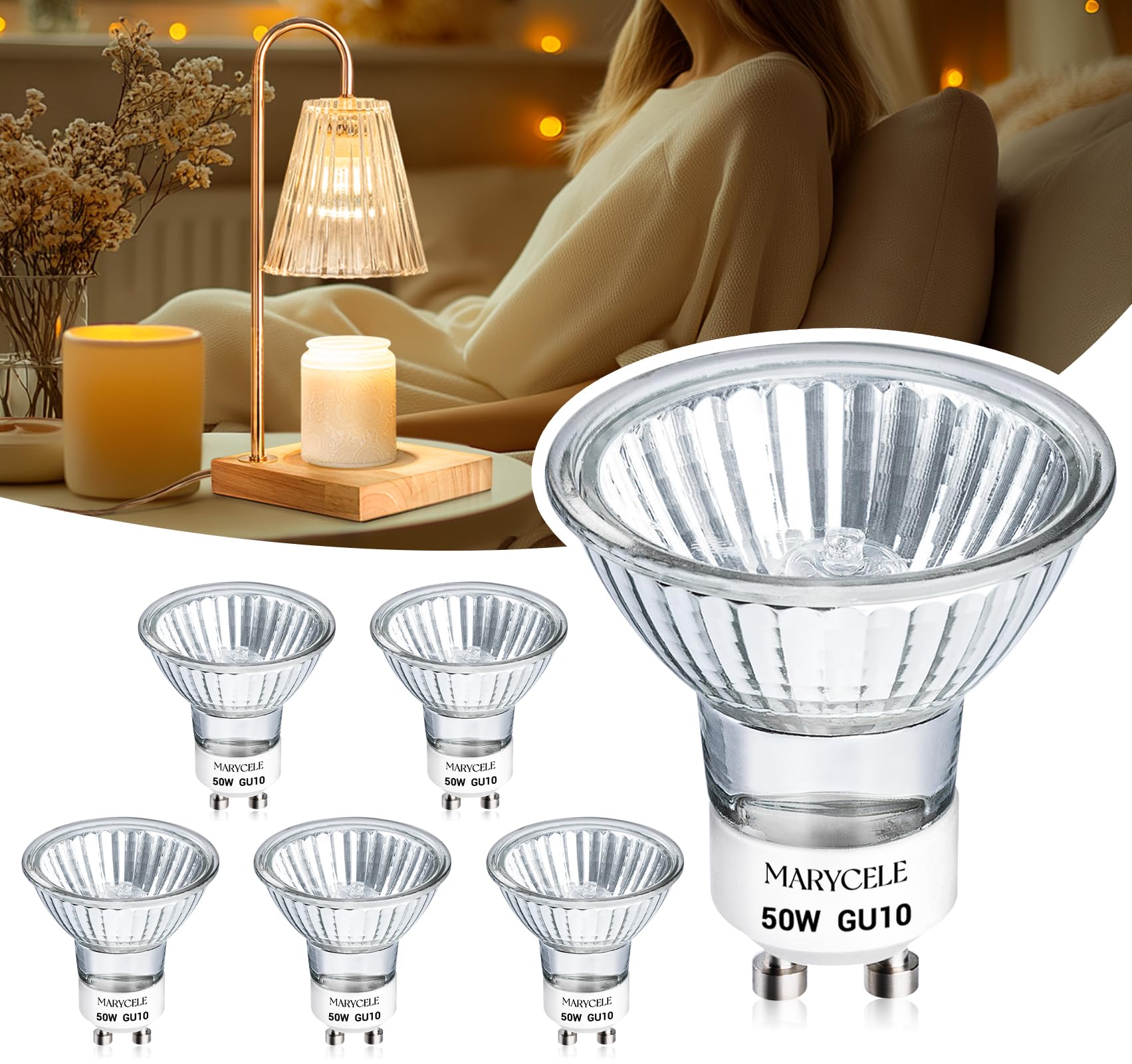 Marycele Halogen Light Bulbs for Candle Warmer Lamp, 6 Pack GU10 120V 50W MR16 Dimmable Warm Light Halogen Bulbs 2 Pin with Long