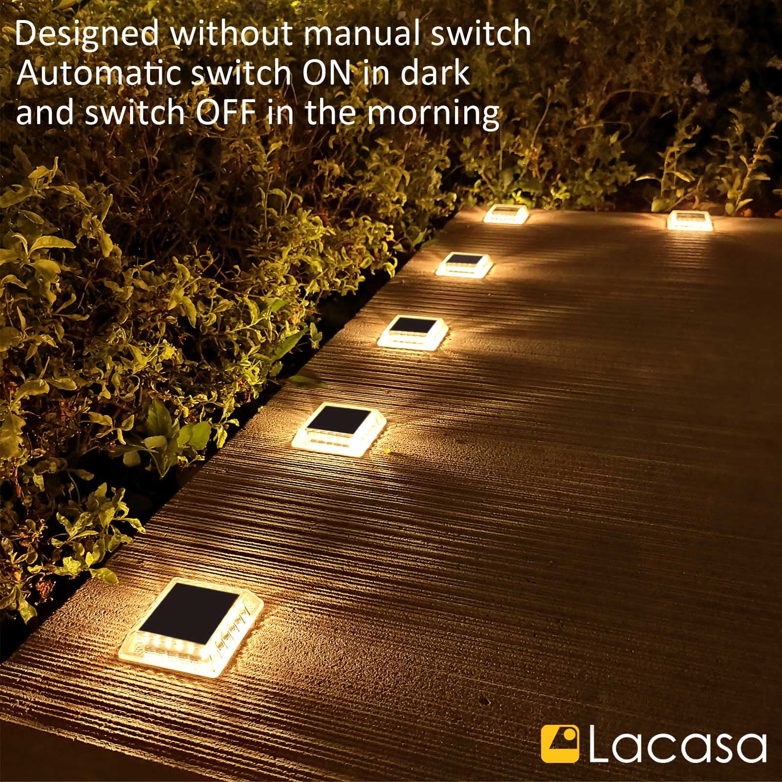 Lacasa Outdoor Solar Garden Light, 4 Pack 30LM, IP68 Waterproof, Warm White 2700K, Auto On/Off, Square Design