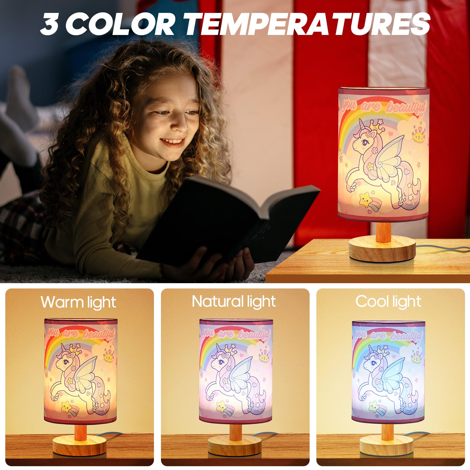 Unicorn Bedside Table Lamp - 3 Colors Dimmable Kids Night Light For Girls Bedroom Desk Reading Night Stand Decor, Cute Unicorn L