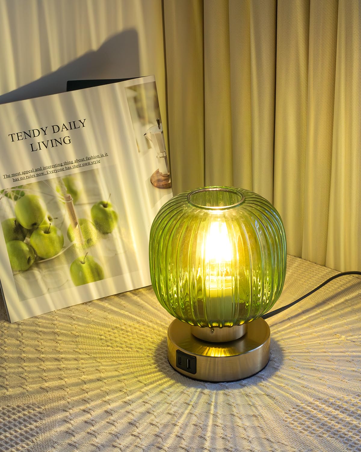 Touch Control Small Table Lamp Set Of 2, Elegant Green Glass Bedside Lamp 3 Way Dimmable With Usb C+A Charging Ports - Bedroom N