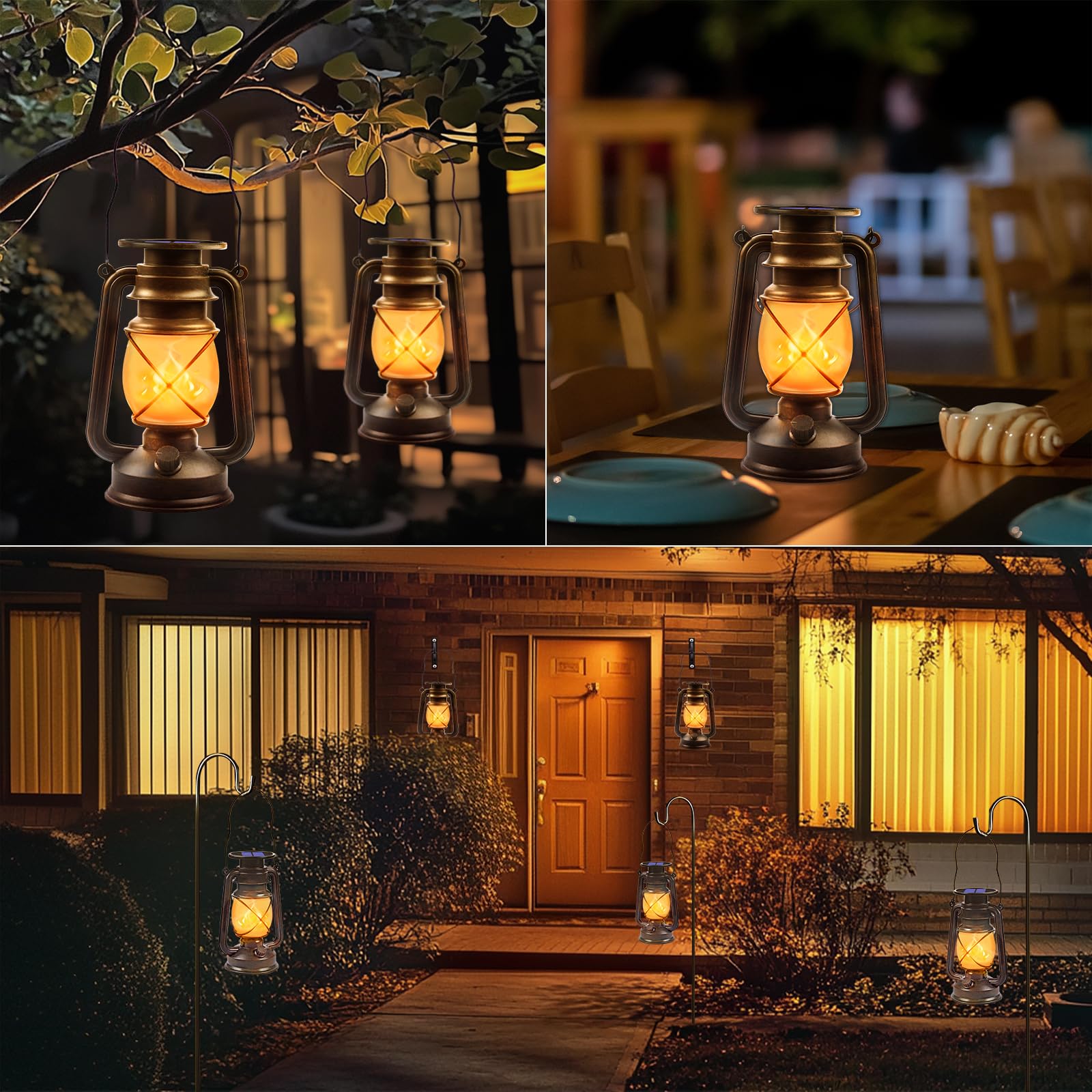 Wondrastical Solar LED Lanterns 2 Pack, Bronze Vintage with Dancing Flame, Waterproof for Outdoor Camping Patio Garden Decor