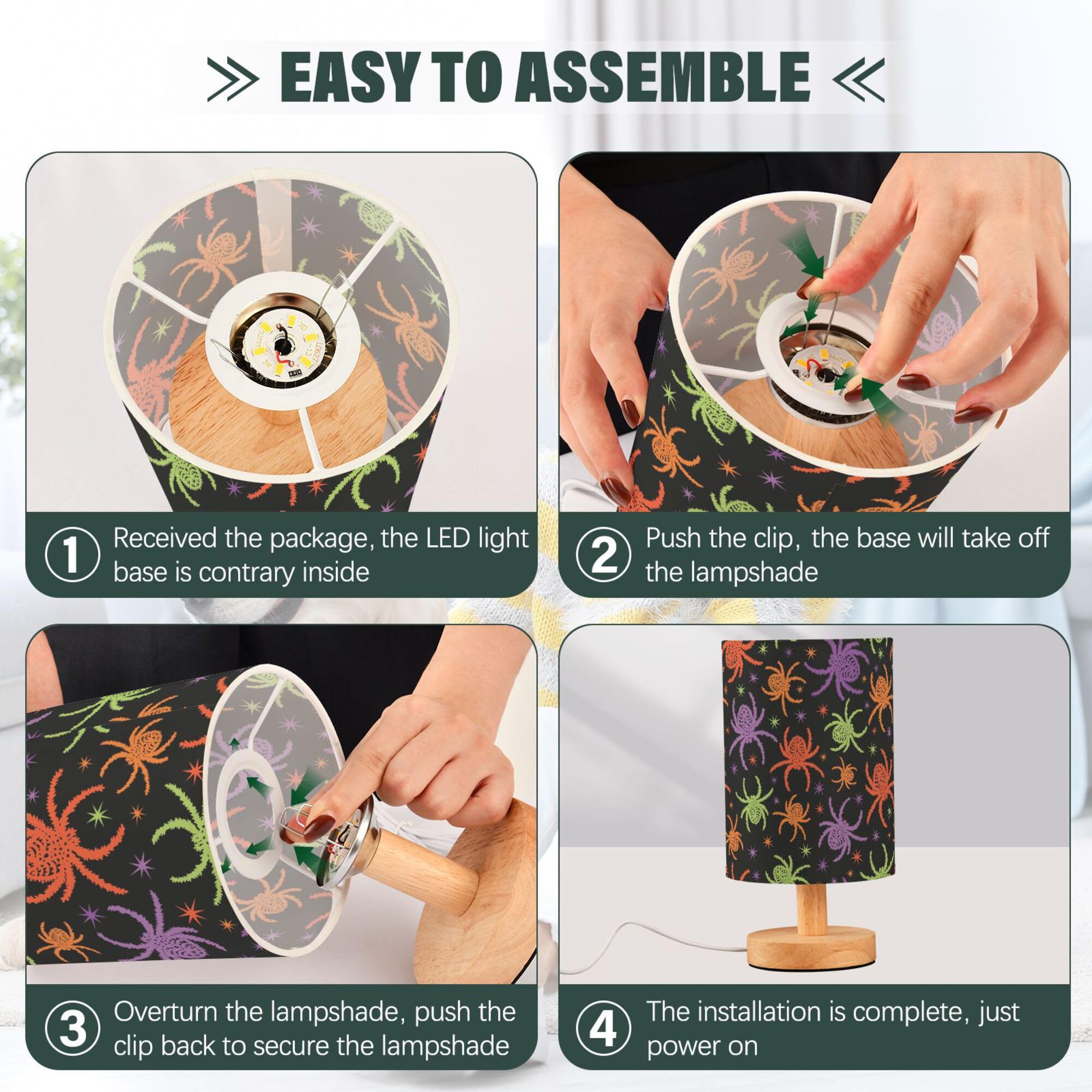 Yyzzh Table Lamp Colorful Spooky Spider Halloween Creepy Pattern Nightstand Lamp With Wood Base Fabric Lamp Shade Bedside Desk L