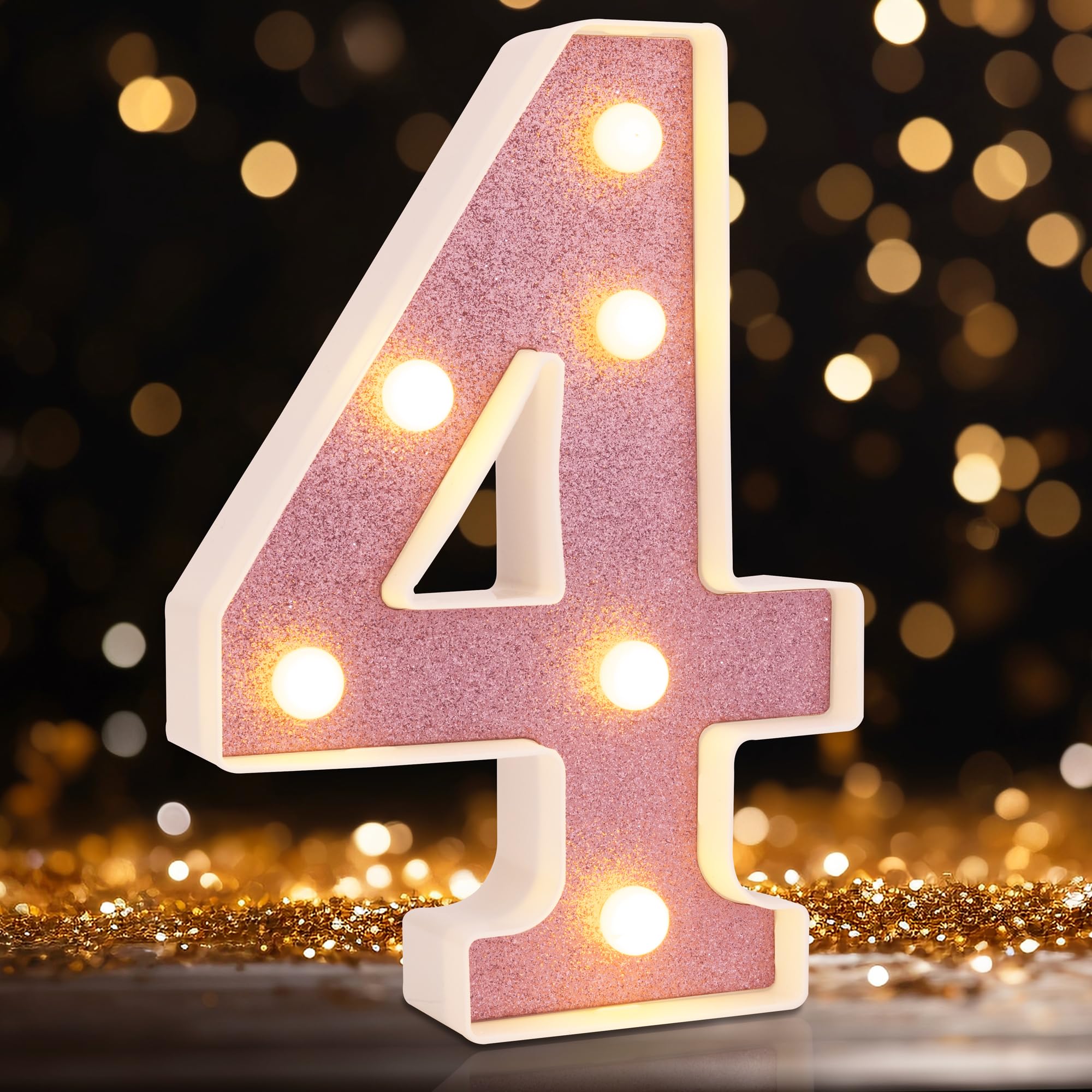 DyingSwan LED Marquee Number, Light Up Number 4, 8.58 Inch, Pink Glitter, Battery Powered Plastic Night Light for Party Decor