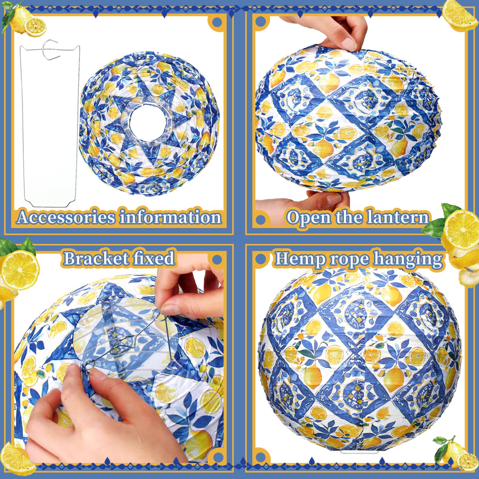 Rossesay 12 Pcs Capri Lemon Paper Lanterns, 8 Inch, Blue and Yellow, Indoor/Outdoor Decorations for Birthday, Wedding, Baby Shower