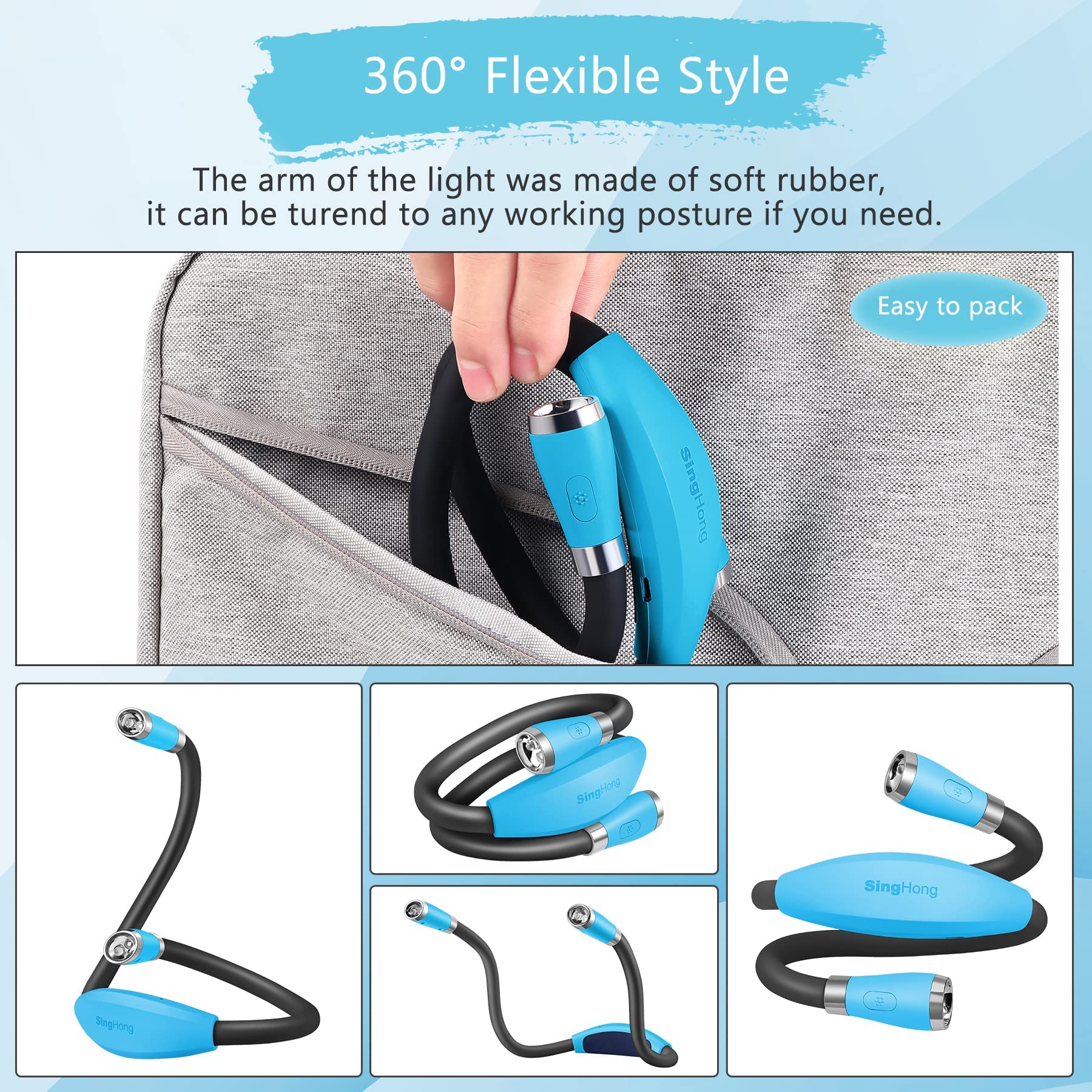 Singhong Usb Rechargeable Neck Book Light - 4 Led Bulbs, Adjustable Brightness, Small, Blue, Model Shnbl-B1