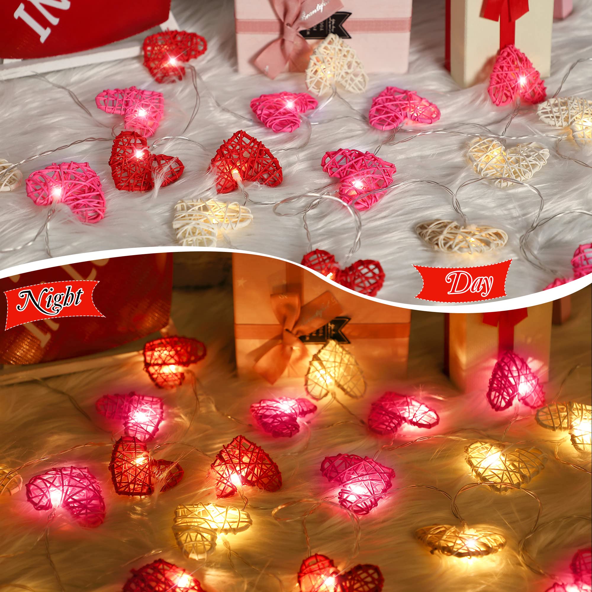 Hiboom Valentines Heart String Lights, Battery Operated Vintage Rattan Heart Shaped Lights, 16Ft 24 Led Twinkle Light For Valent