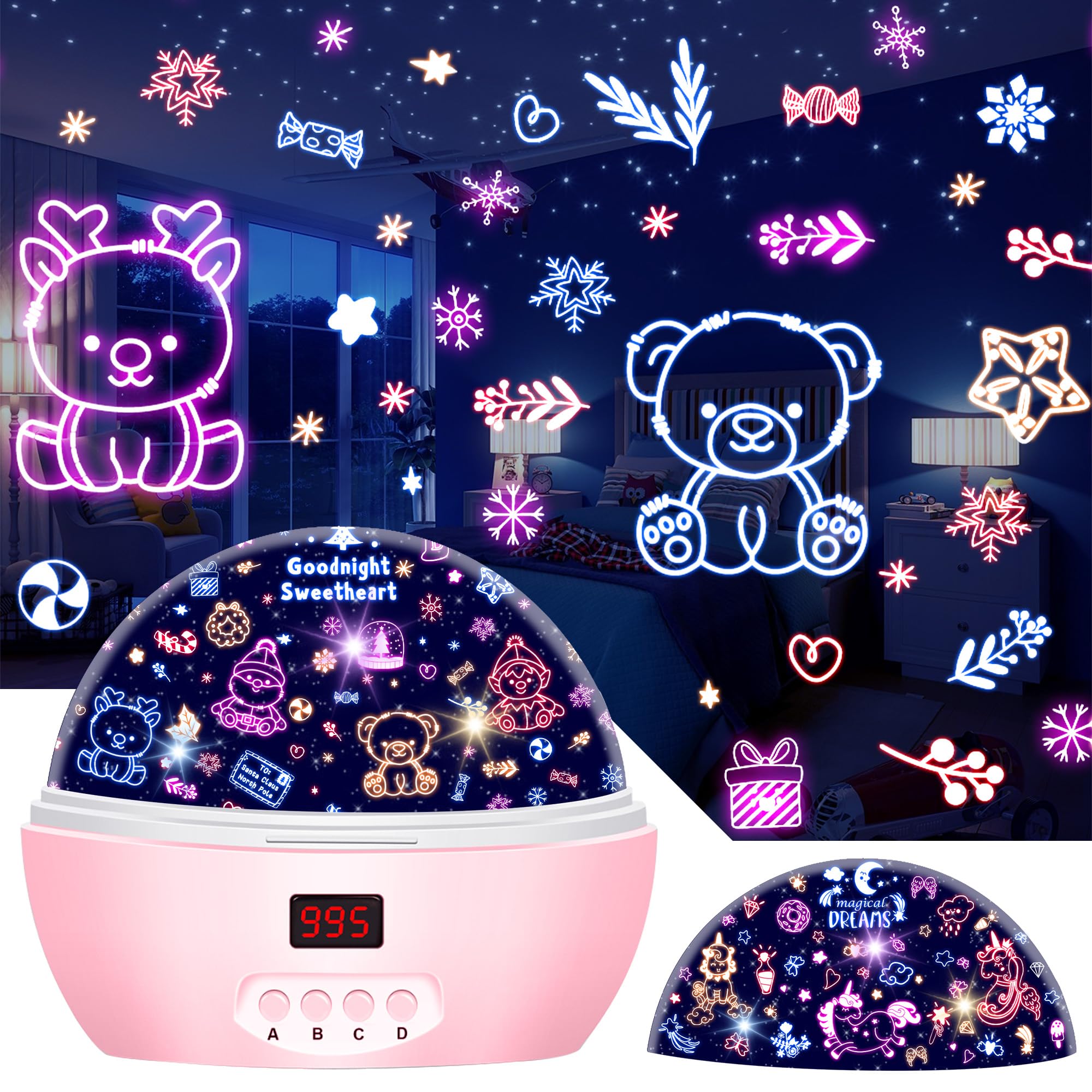 Mokoqi Kid Unicorn Night Light For Girls  And Baby Bear Night Lights Rotating Light Projector With Timer Color Changing Birthday Gifts For 3-5-10 Year Old Girls