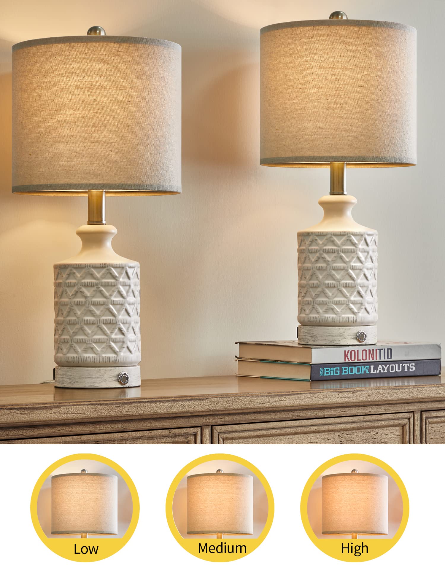 PoKat 20in Ceramic Table Lamps Set of 2, 3 Way Dimmable Nightstand Lamps for Bedroom, Living Room, White, Model AMZ-T1029S-AW-TU