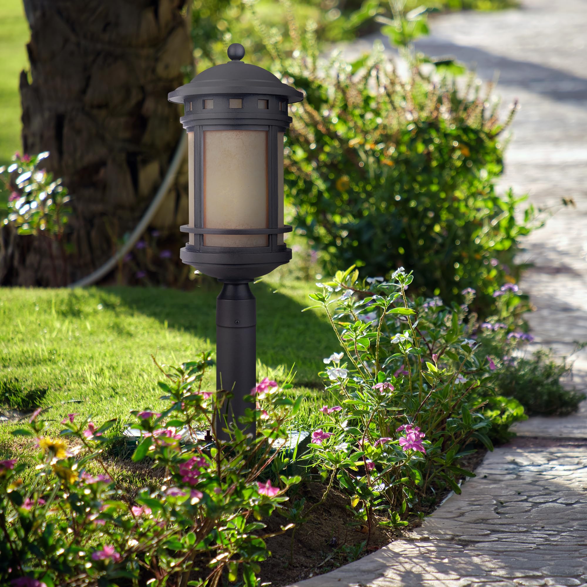 Designers Fountain Sedona Outdoor Post Lantern Light, 23in H, Oil Rubbed Bronze, Amber Glass Shade, Model 2396-AM-ORB