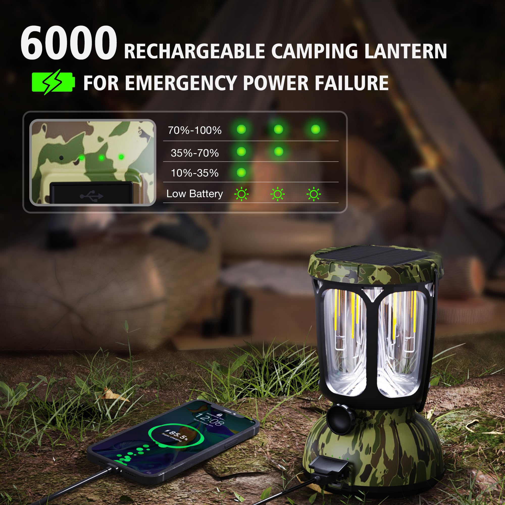 Raynic 6000 LED Camping Lantern, 650LM, Hand Crank, Solar Powered, Camo-Green, Model CL7000, Rechargeable Emergency Light