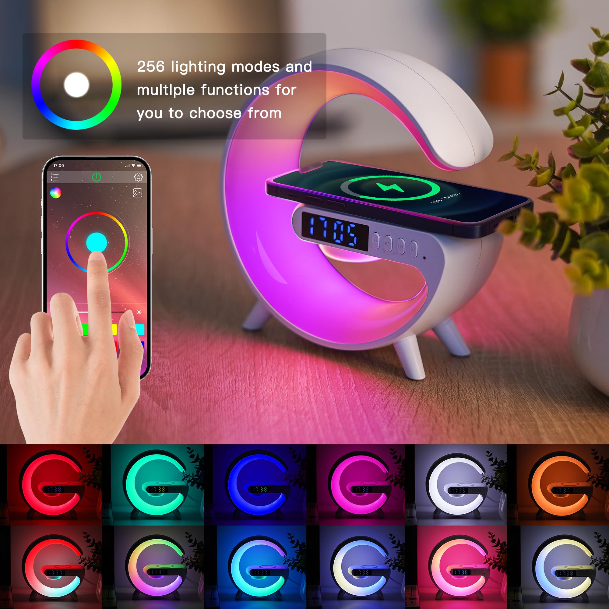 Leenabao Mini Wireless Speaker With Atmosphere Light, Wireless Charging, Alarm Clock And Bedside Lamp - Black