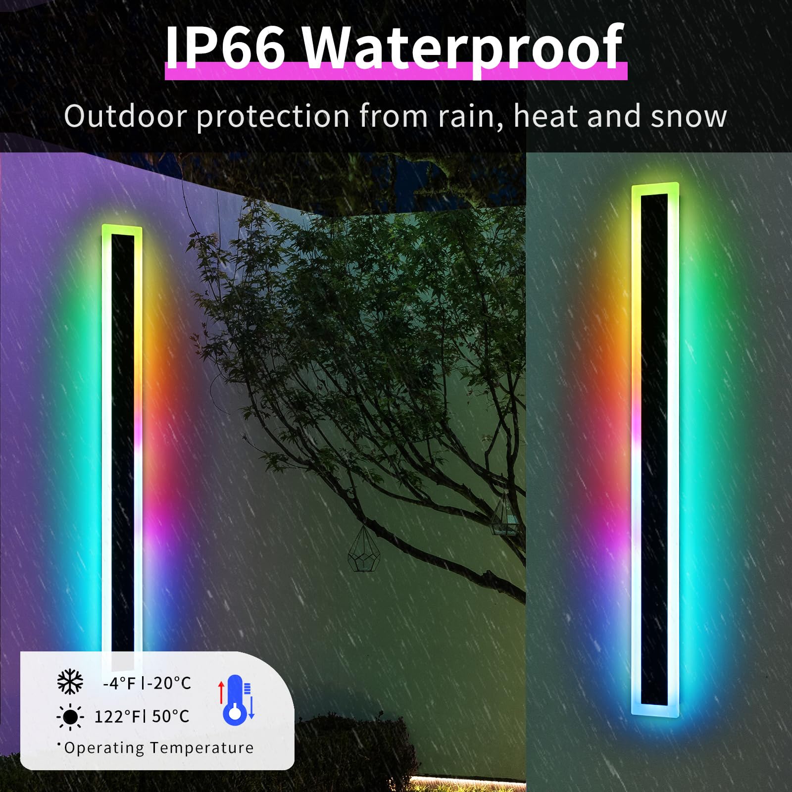Widened 2 Pack Modern Exterior Lighting Fixtures, 57Inch Rgb Dimmable Outdoor Wall Sconces, 10 Colors, 5 Modes, Ip65 Waterproof,