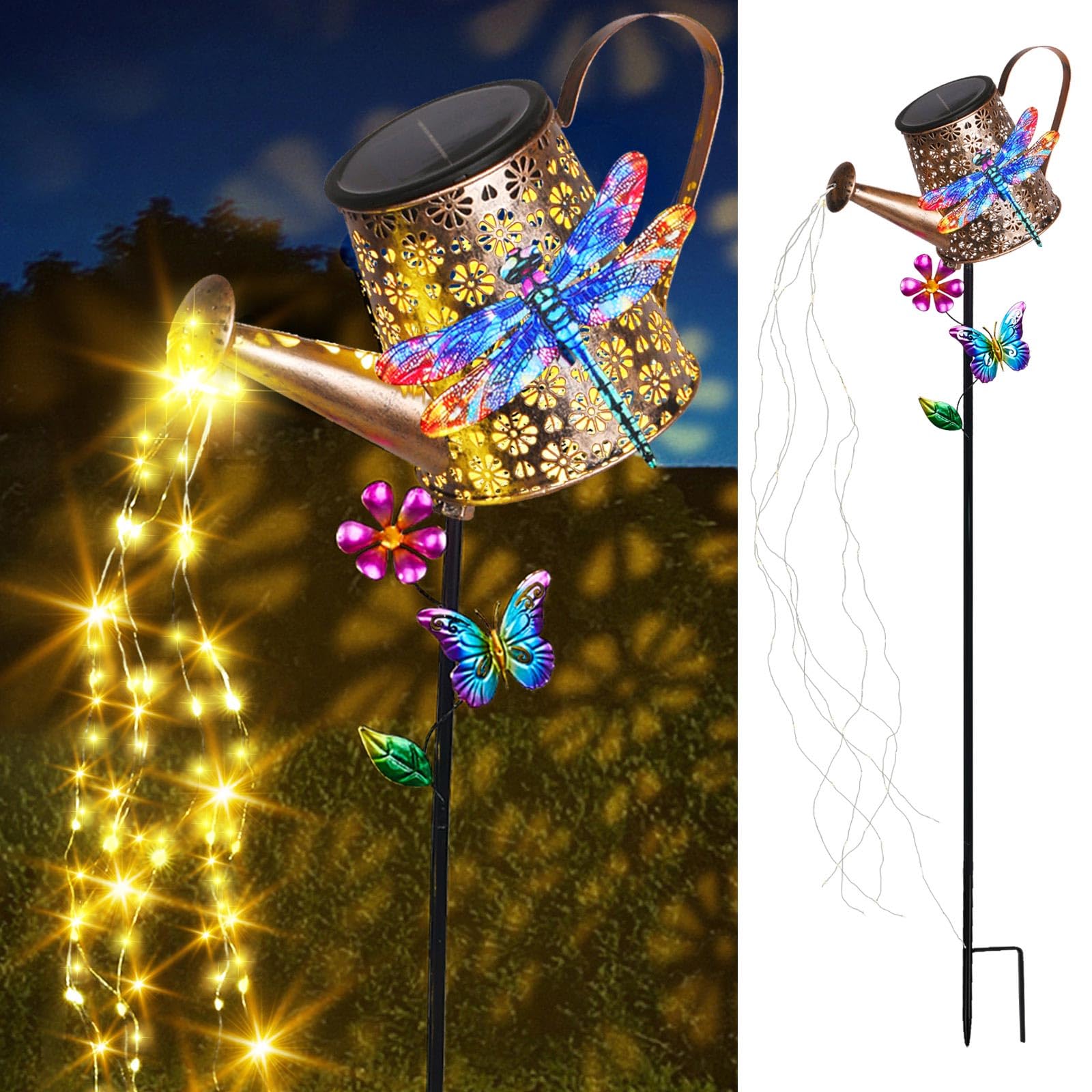 Solar Lights Outdoor Decorative, 39.4'' Metal Solar Watering Can Lights With Dragonfly, Waterproof Garden Stake Lights For Yard