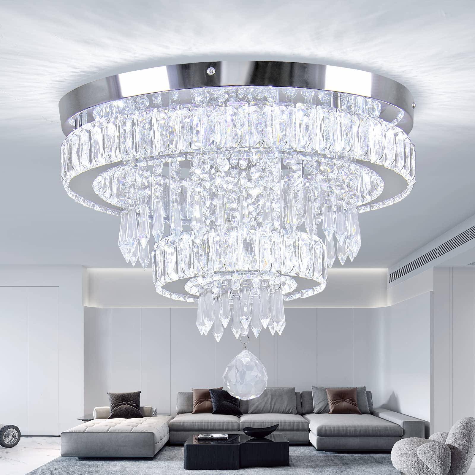 Cainjiazh 16" Crystal Chandeliers Led Crystal Ceiling Light Fixtures Flush Mount Ceiling Light Modern Crystal Chandelier Lights For Living Room Bedrooms Dining Room (6500K Cool White)