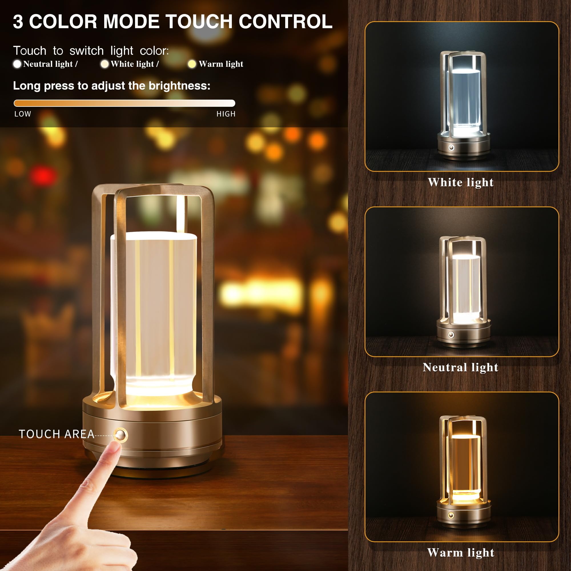 Anxingtools Portable LED Table Lamp, Rechargeable, 3 Color Dimming, Aluminum, 9.37inx5.24inx4.84in, Silver, Model AN-LED-02