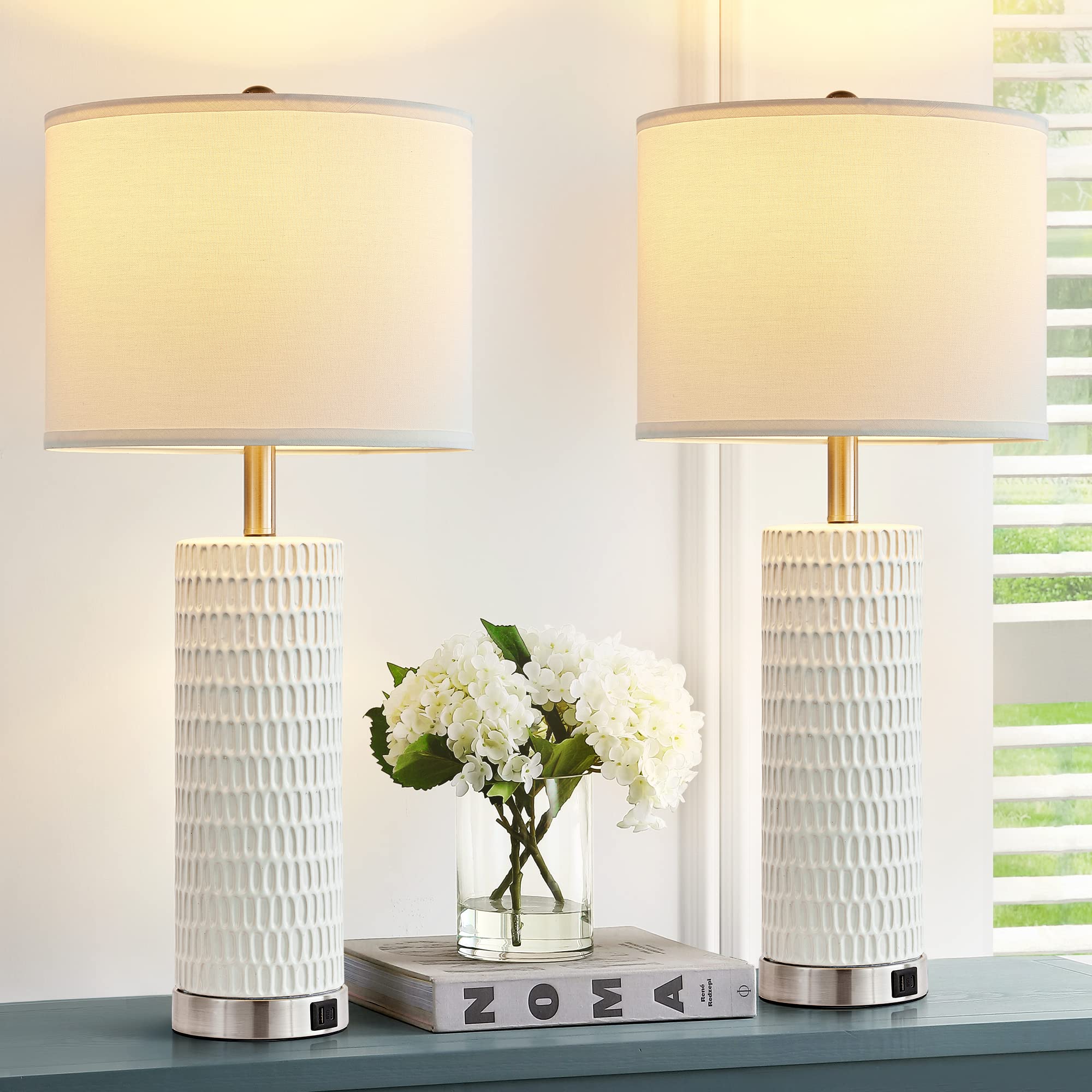 Reaketon 28" Ceramic Table Lamp Set Of 2, 3 Way Dimmable Touch Control Table Lamp With 2 Usb Charging Ports For Bedroom Living Room,Modern Nightstand Lamp End Table Lamps(2 Bulbs Included)