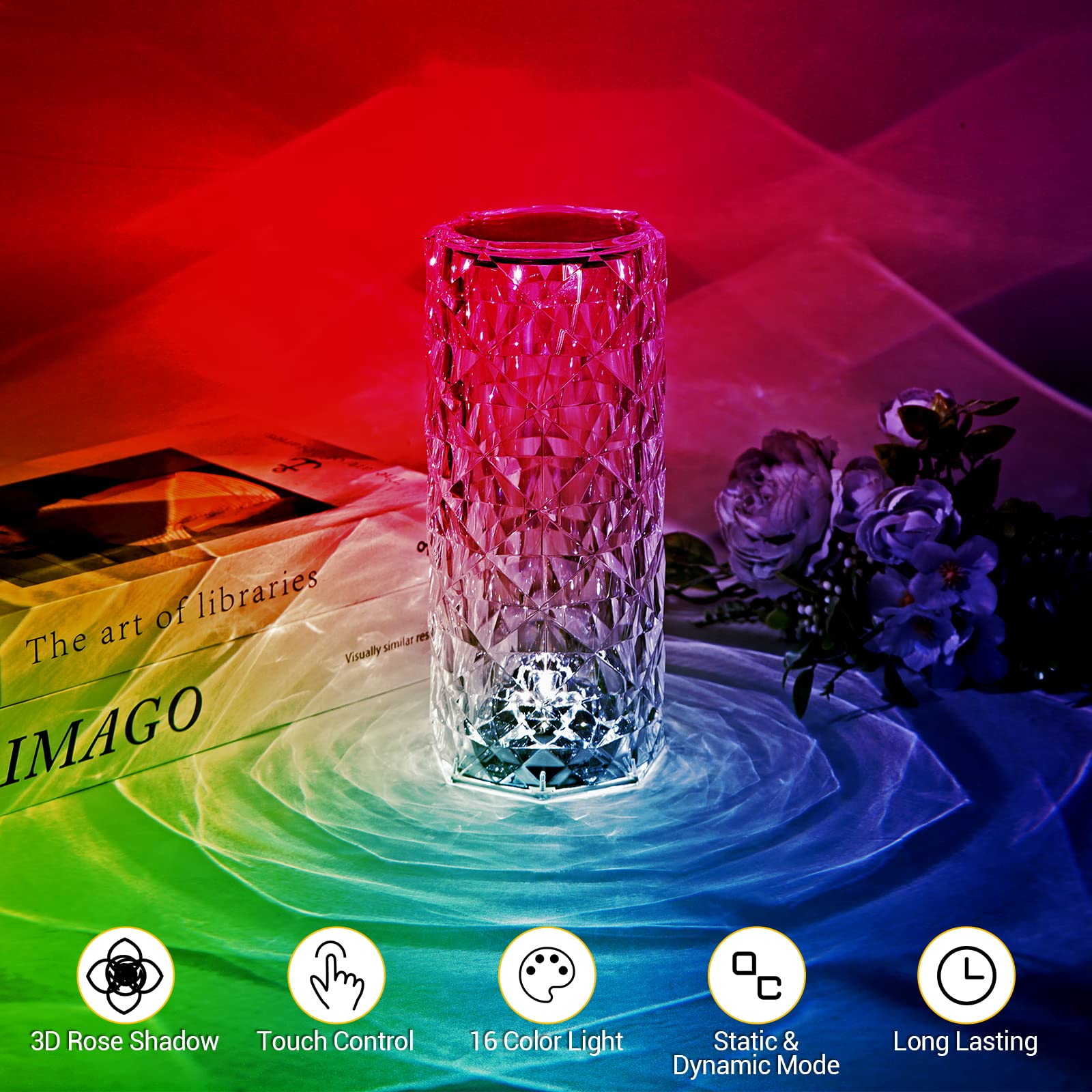 Best World LED Touch Control Crystal Rose Lamp, 16 Colors, Rechargeable, E26 Bulb Included, Acrylic, Ideal for Bedroom, Night Light