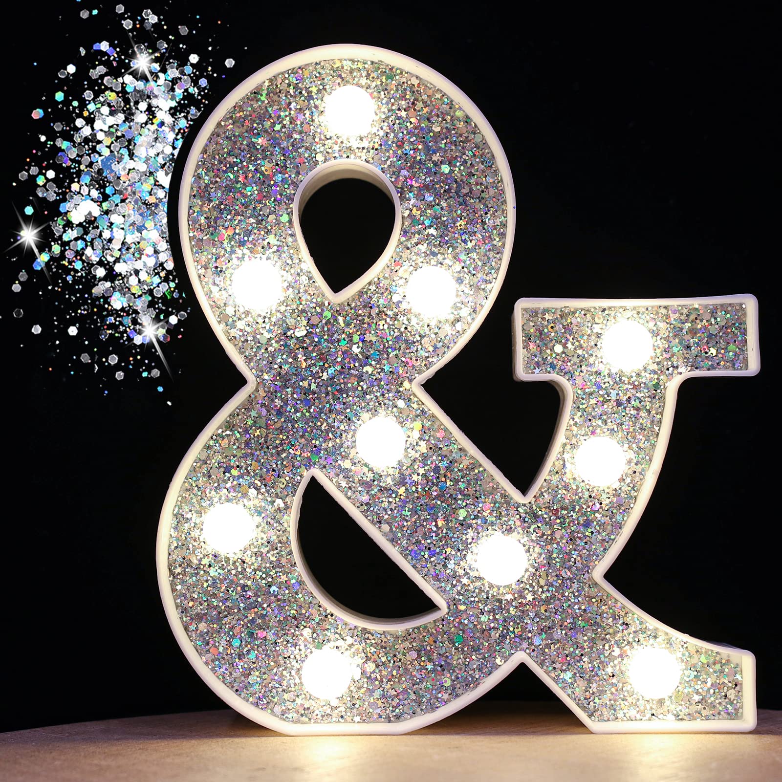 Pooqla LED Marquee Letter Lights, Sequin Silver Alphabet Sign, Battery Powered for Parties, Weddings, and Home Decoration