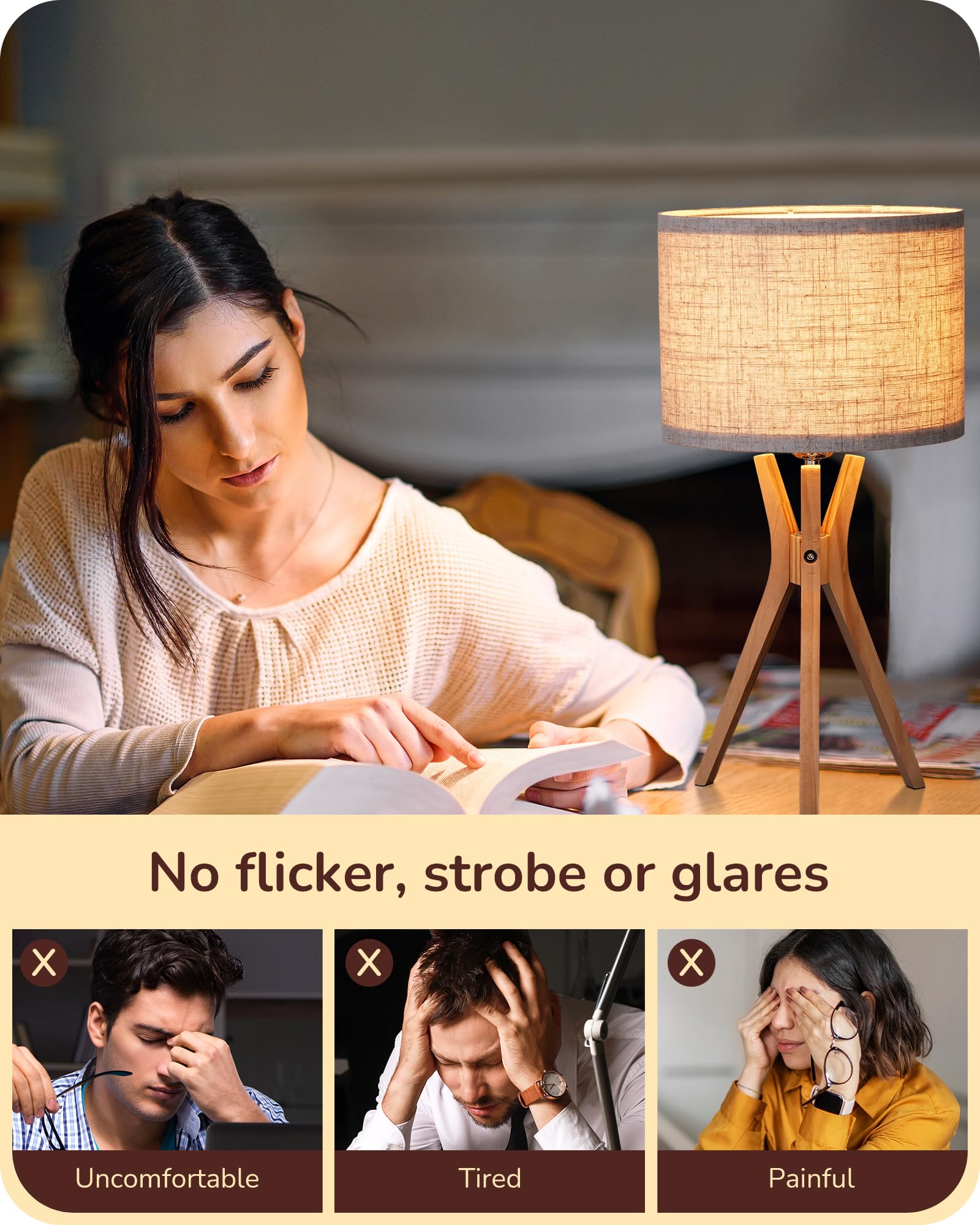 EDISHINE Tripod Table Lamp, Modern Beige Linen Shade, 17.5in, Natural Wood Legs, E26 Base, Model HLTL05W