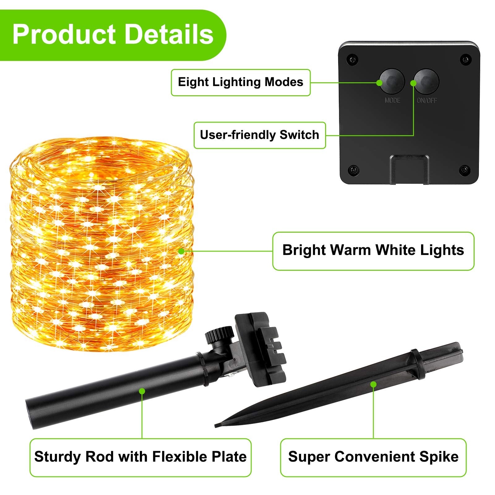 Brightever Outdoor Solar String Lights, 288FT, Warm White, 200 LEDs, 8 Lighting Modes, Copper Wire, Model YGL-KE-01