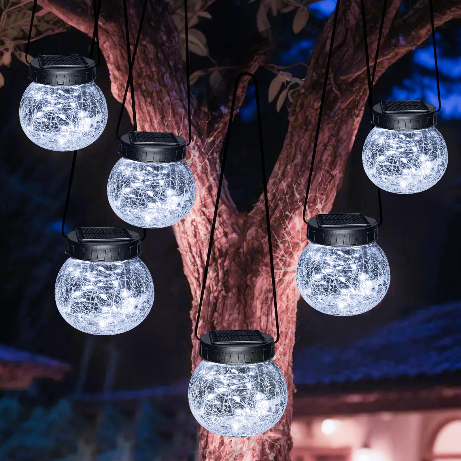 Kolpop Solar Lanterns Outdoor Waterproof 6 Pack  Hanging Solar Lights With 30 Led   ed Glass Hanging Globes For Garden Patio Fence Yard Christmas Tree Decoration  Cold White