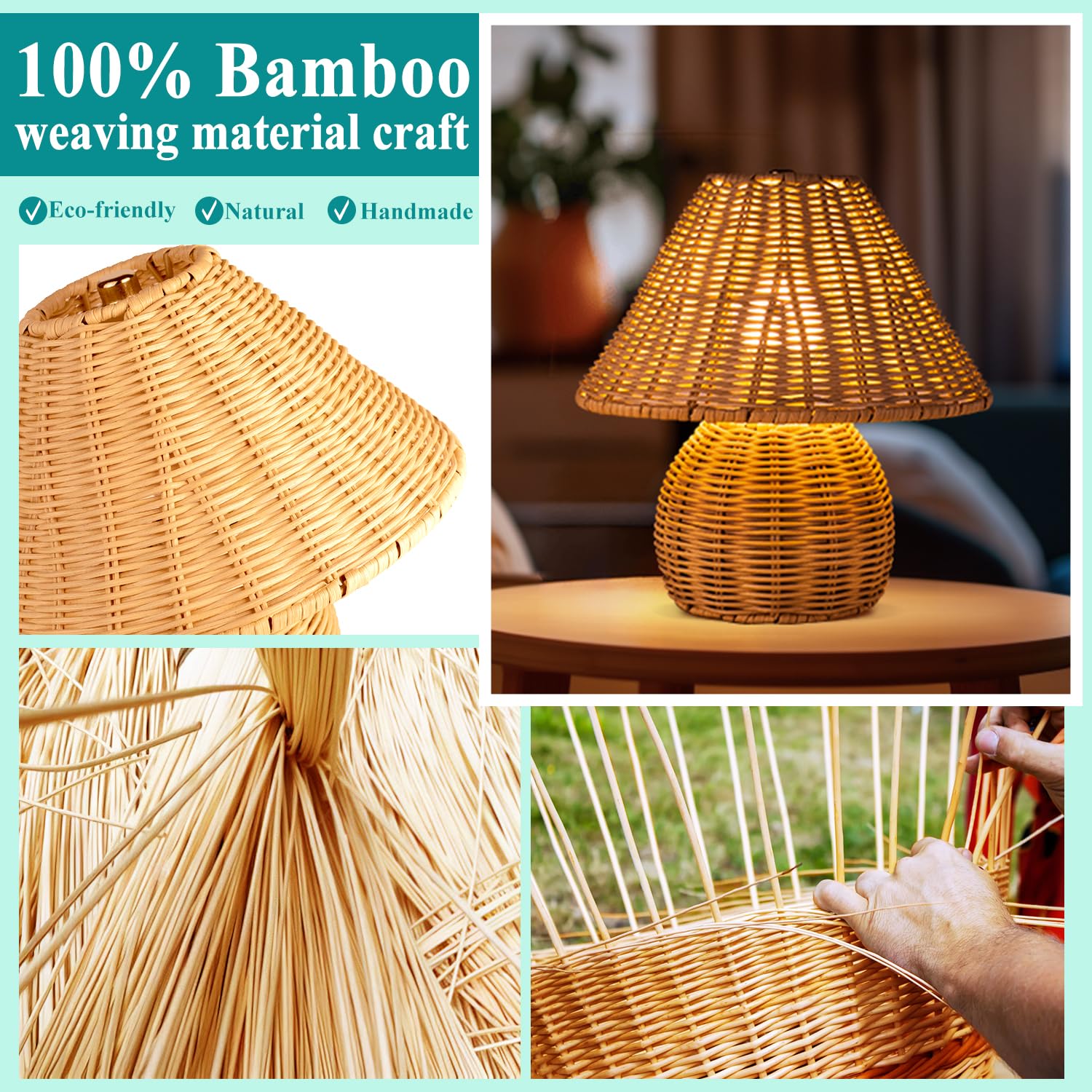 Bamboo Table Lamp Handmade Boho Rattan Bedside Lamp,3 Colors Adjustable Vintage Wicker Wooden Nightstand Lamp With E26 Bulb For
