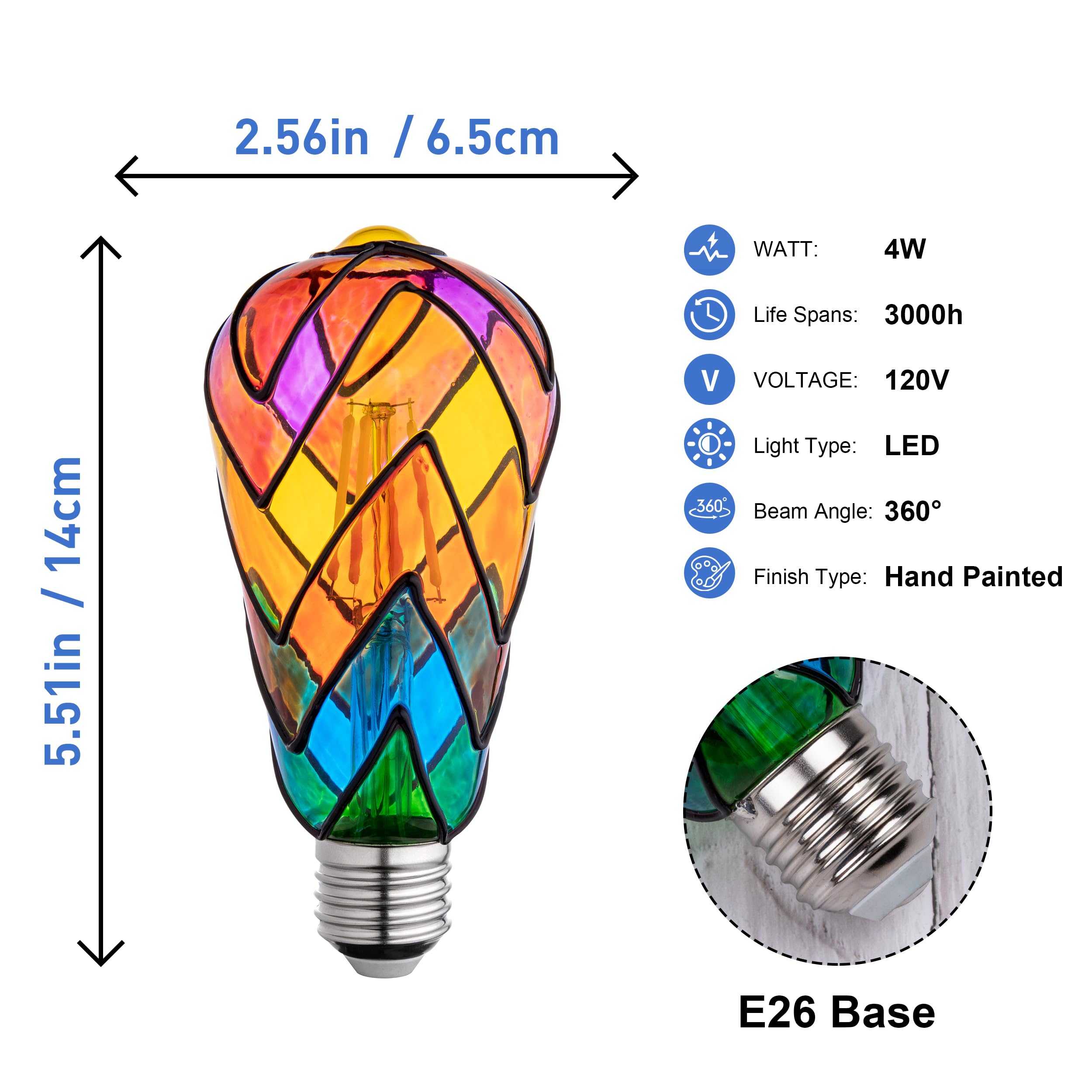 Cybaaluxzus Stained Glass Light Bulb - Rainbow Painted Mosaic Bulb, 4W 120V, Multi-Colored Indoor, Fun Romantic And Unique Decor