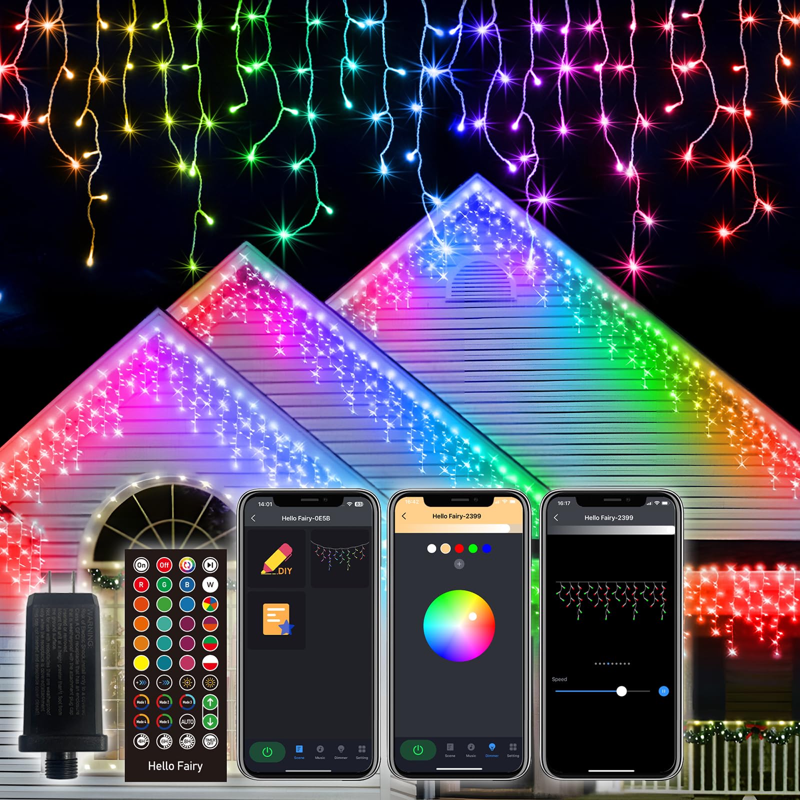 Smart RGB Icicle Lights Outside 33FT 299LED 69 Drops, App & Remote Control Music Sync Waterproof Christmas Roof String Lights, D