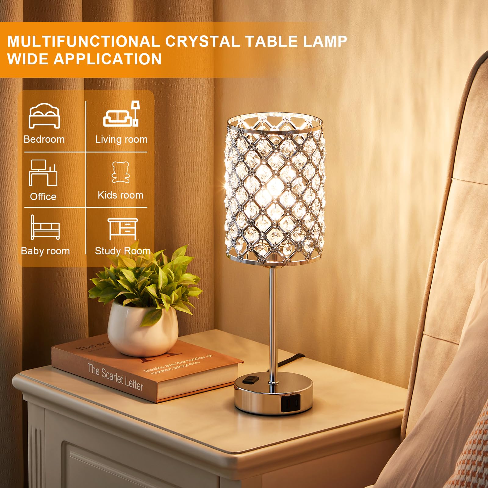 Hong-in Table Lamps Set of 2, Crystal Touch Lamps with USB Ports, 5.1IN, A-Sliver, Model 58b8b5de-8dbe-4