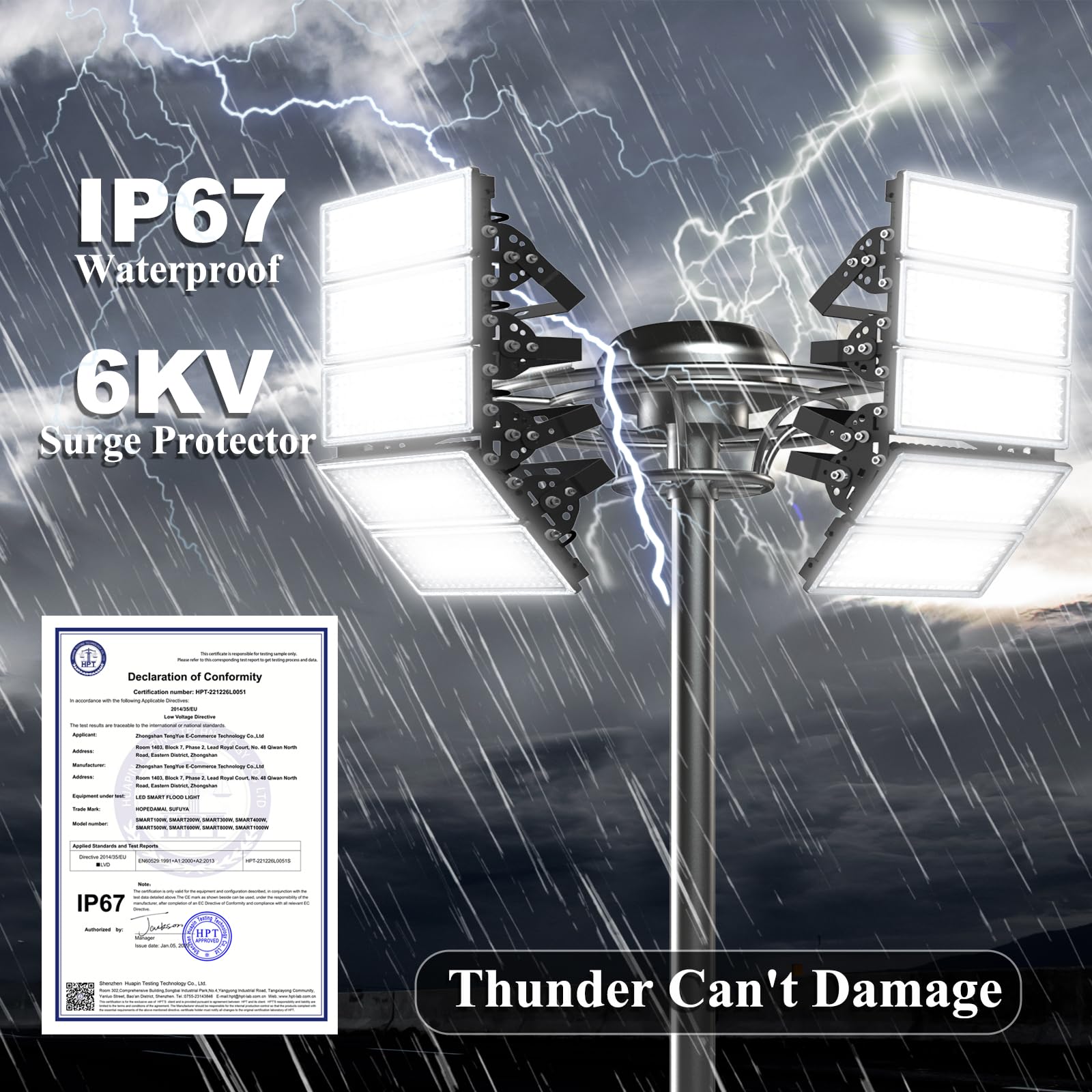 Kekeou 500W LED Flood Light, 70000LM, IP67 Waterproof, Adjustable Angle, Black, Model MZB-500W-W